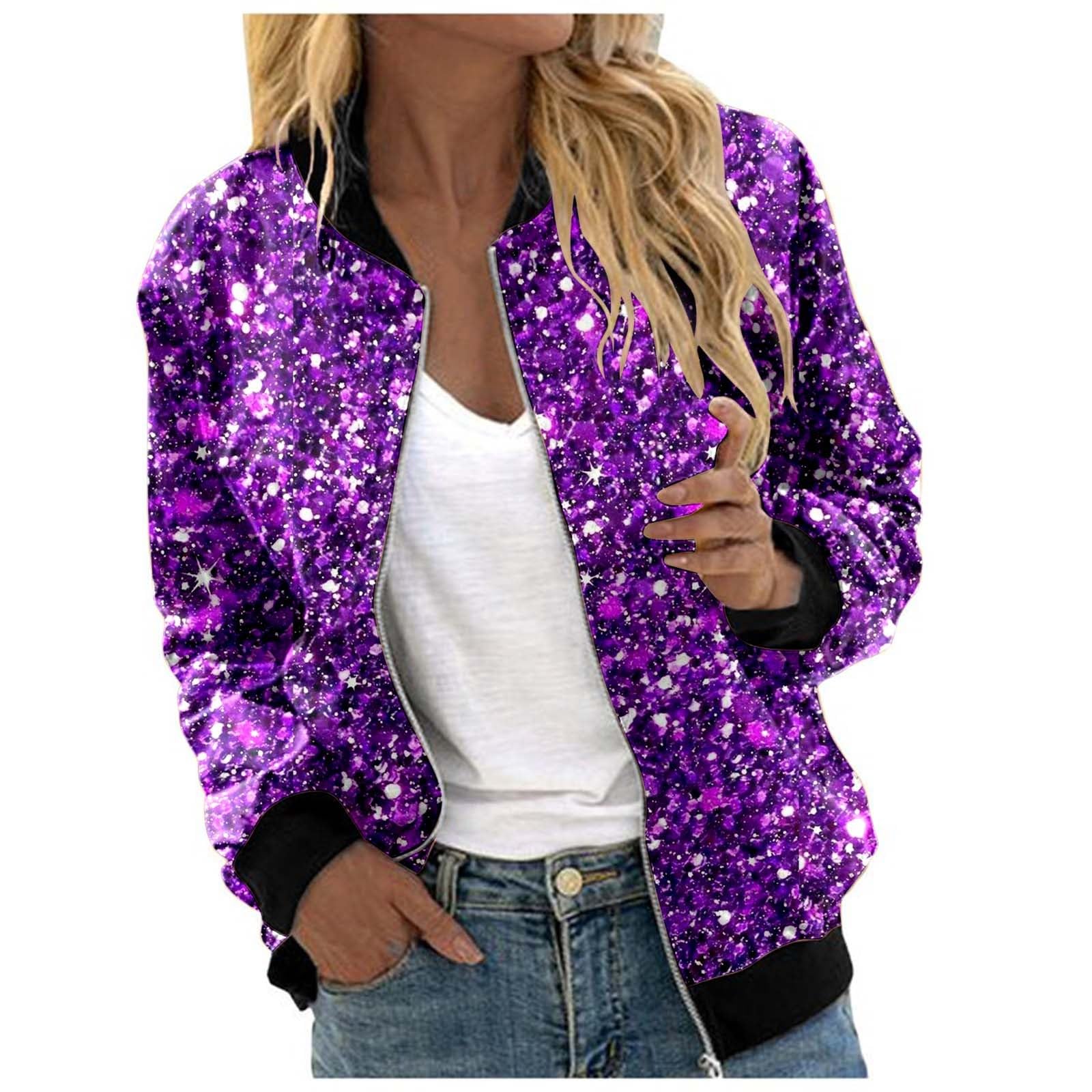 Veste à paillettes pour femme - Veste bomber à paillettes - Veste à paillettes - Coupe ajustée - Manches longues - Fermeture éclair avant - Manteau élégant - Veste courte - Tenue festive disco - Fête