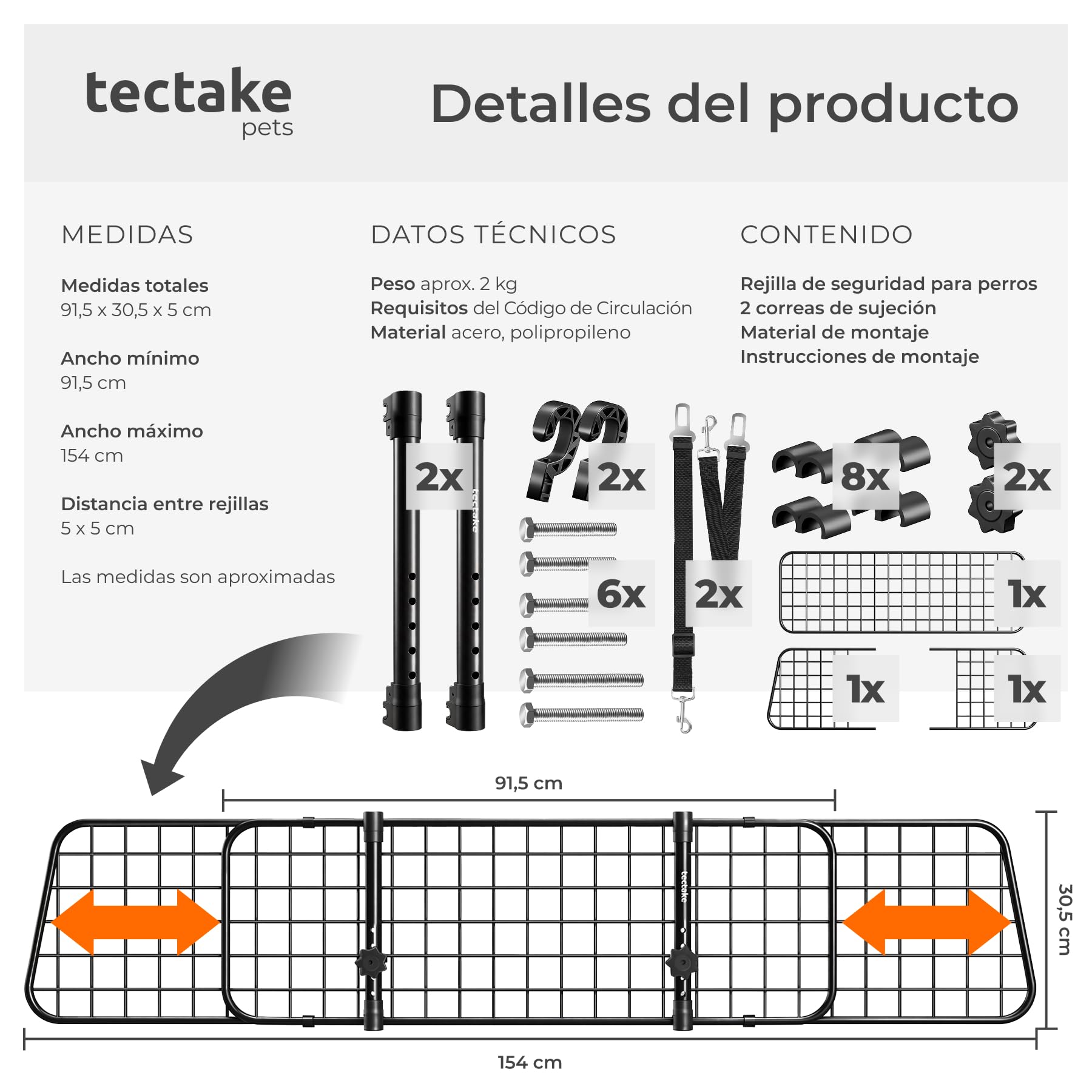 tectake® Barrera Universal de Seguridad para Perros, Ancho Ajustable 91,5-154 cm, 2 Cinturones de Seguridad Adicionales, Sistema Ensamblaje a Presión, Protector para Maletero - Negro