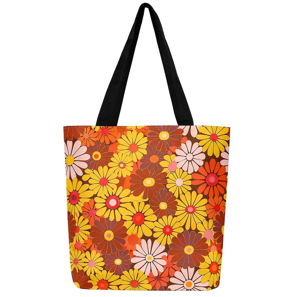 Loussiesd Retro Hippie Flower Canvas Tote Bags for Women Gifts 50x40cm 60S 70S Groovy Travel Beach Bag Vintage Boho Plant Floral Botanical Shoulder Handbags Orange Brown Reusable Grocery Bag