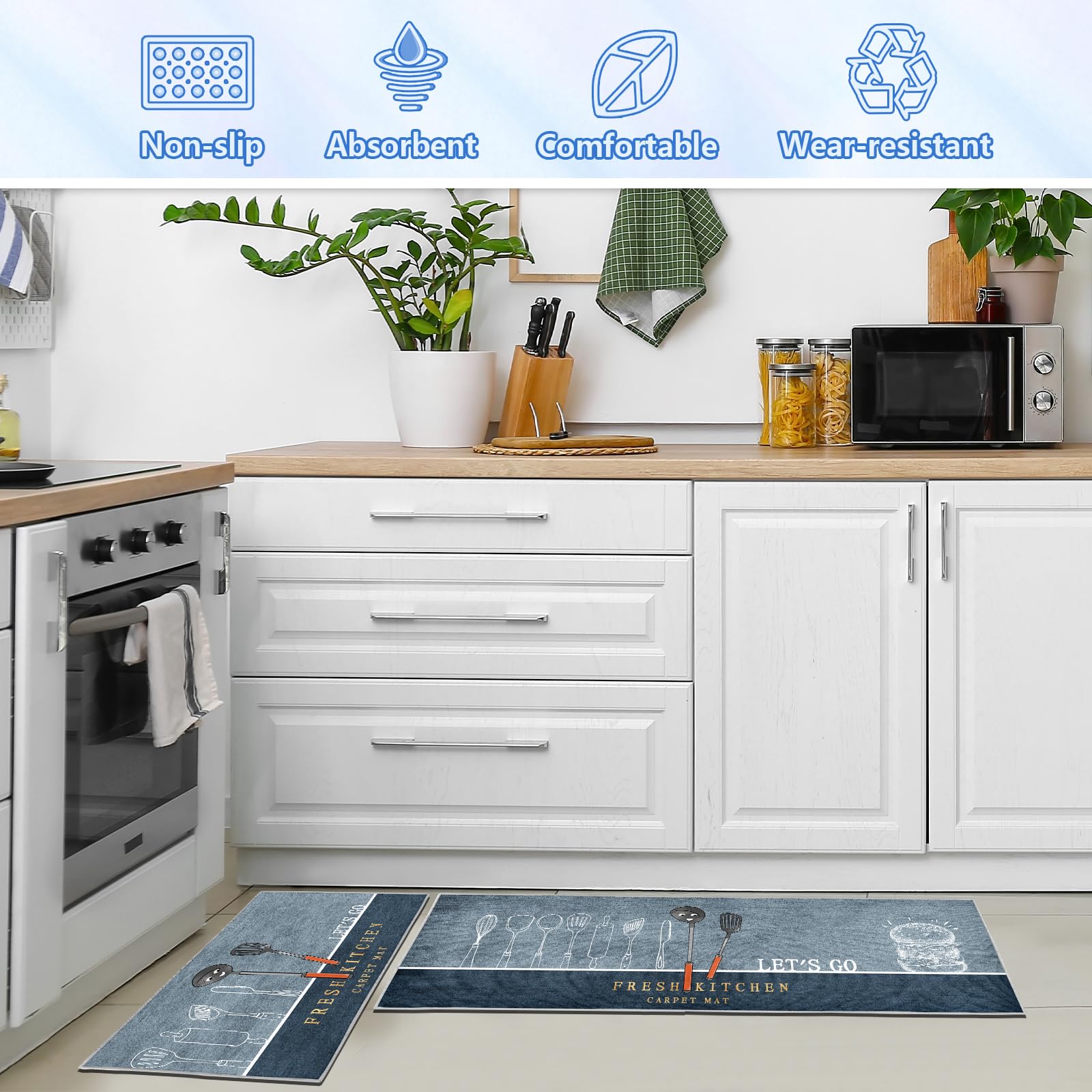 Tapis de Cuisine antidérapants Lot de 2, Absorbe l'eau et l'huile, Résistant à la poussière, Intérieur, Hamburger, 43 x 75 + 43 x 150 cm