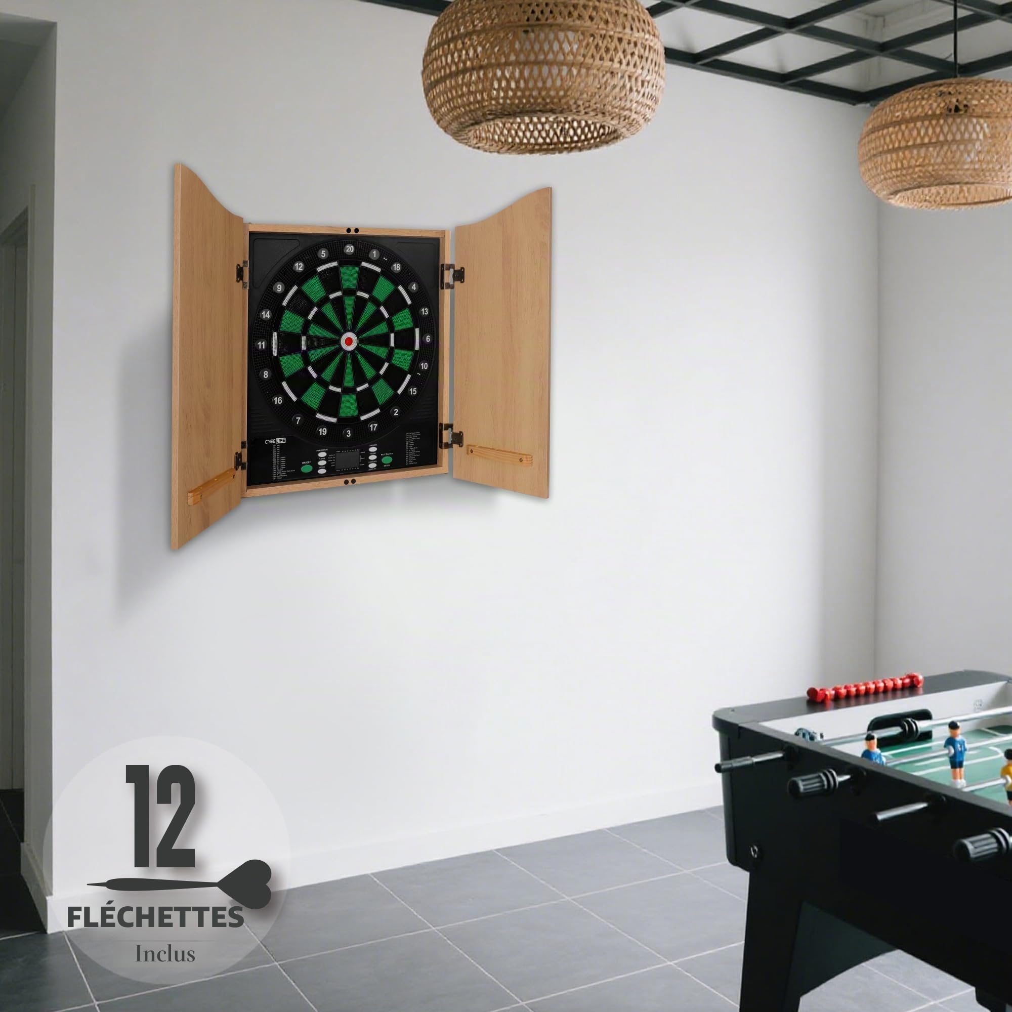 CyeeLife Cible de Fléchettes Électronique avec Meuble en Bois, 34 Jeux, 355 Variantes, Mode 8 Joueurs