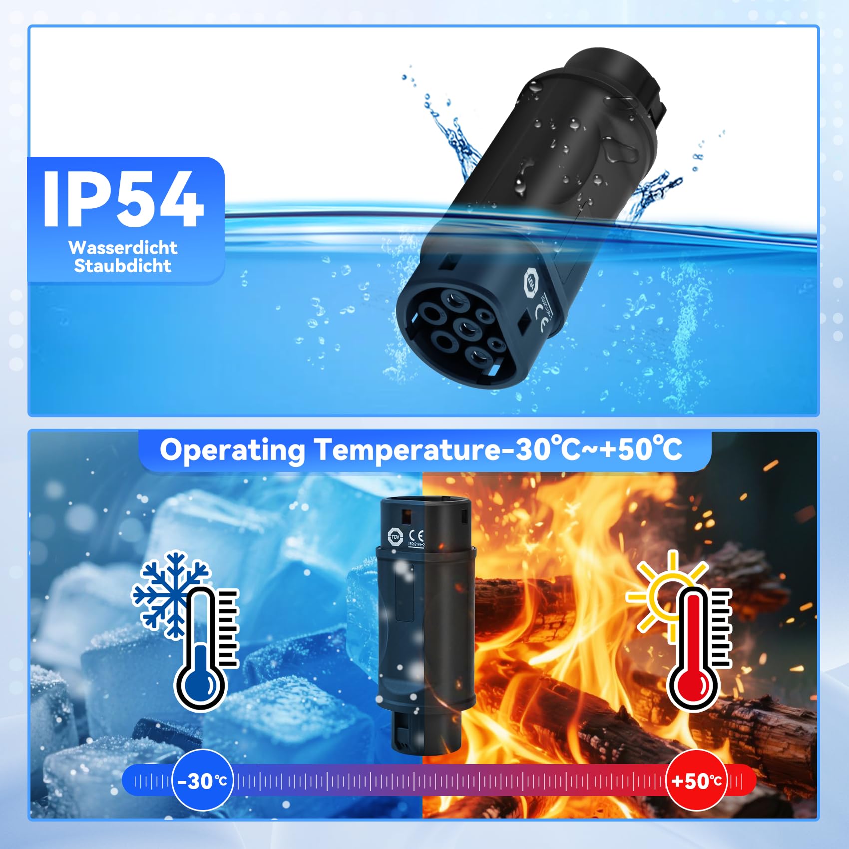 JULIK Adaptador Tipo 1 a Tipo 2 (SAE J1772 a IEC 62196) - 32A 7.2kW, IP54 Impermeable, Convertidor para Cargar Coche Tipo 2 EV/PHEV en Estaciones Tipo 1