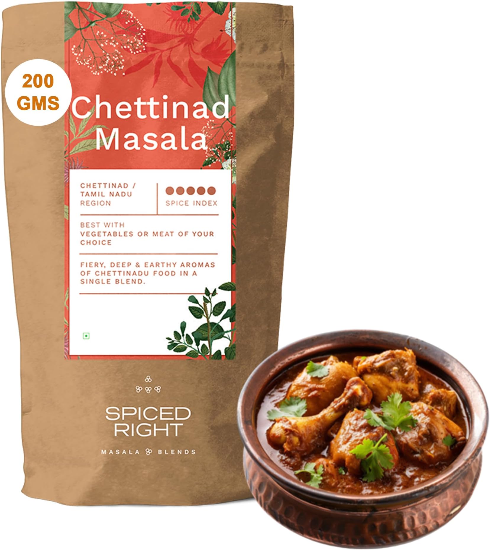 - Spiced Right Chettinad Masala 200 g - South Indian Blend for Chicken Mutton Fish Prawns| No Preservatives or Artificial Colors | Authentic Hot Masala Spice Powder for Biryanis Curries & Gravies