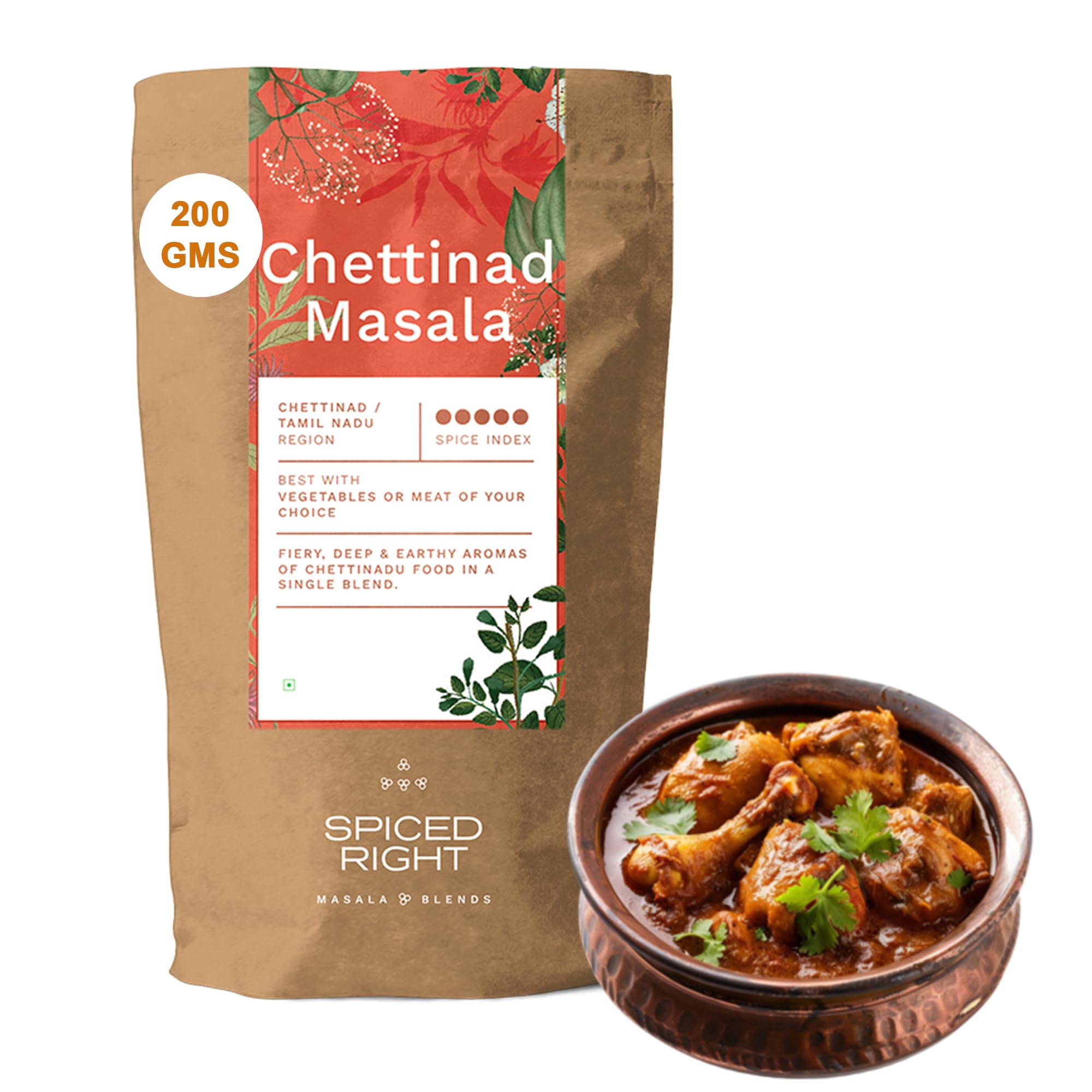 Spiced Right Chettinad Masala 200 g - South Indian Blend for Chicken Mutton Fish Prawns| No Preservatives or Artificial Colors | Authentic Hot Masala Spice Powder for Biryanis Curries & Gravies