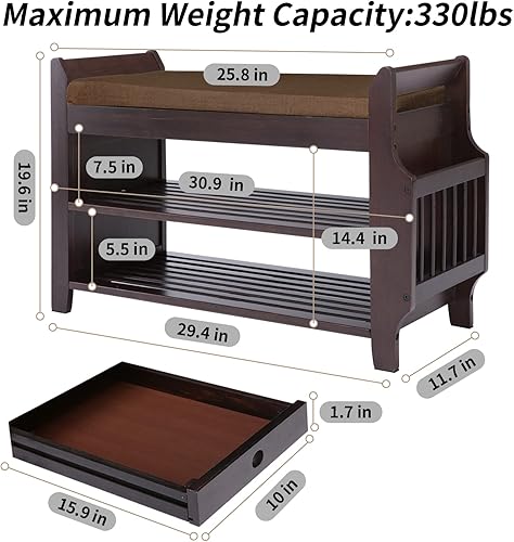 Miniatura 37 de Banco de zapatos de bambú con 3 ganchos laterales, cojín gris extraíble, almacenamiento de zapatos de entrada de 2 niveles, 37.4 x 11.4 x 19.3