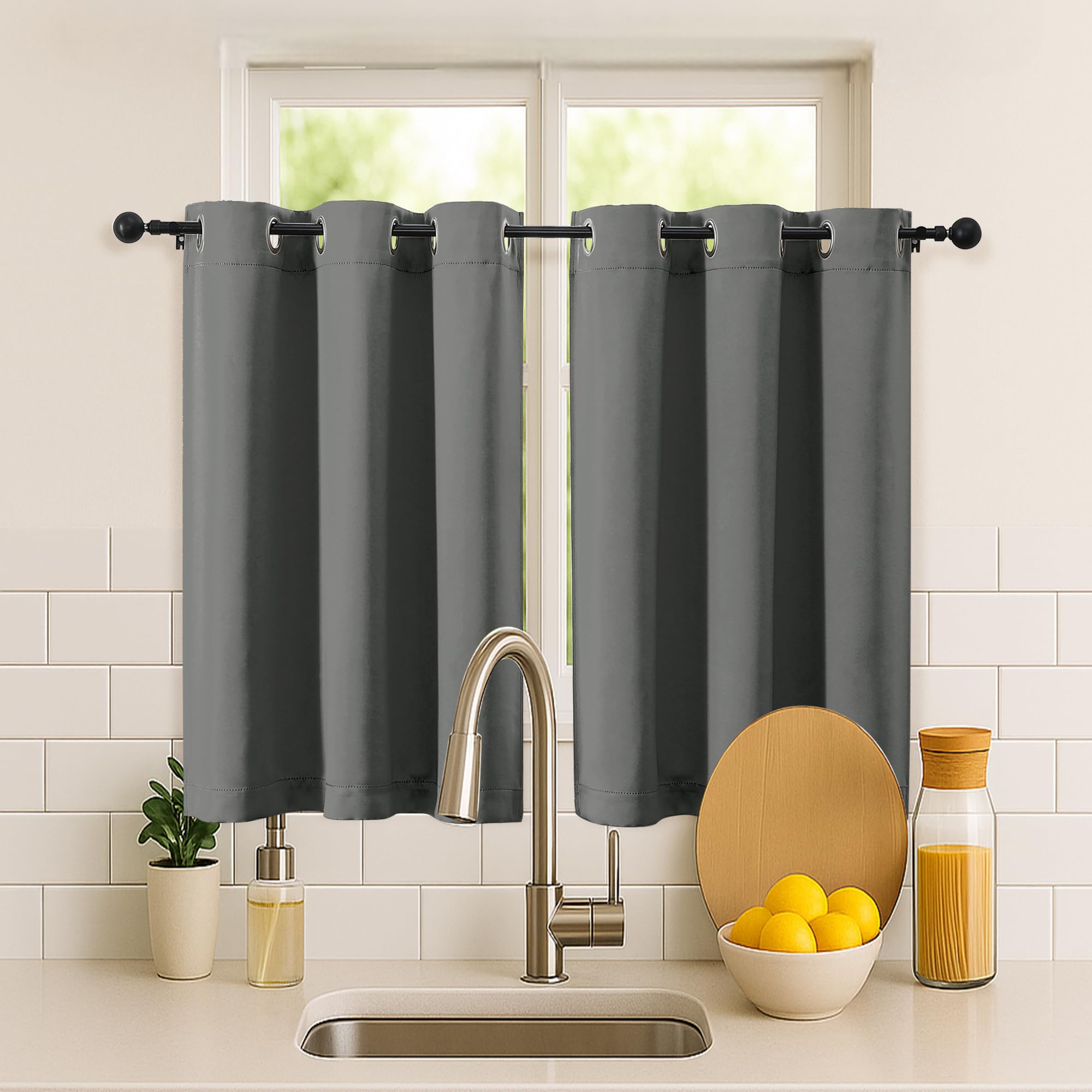 Simplebrand Light Grey Short Cafe Curtains 36 Inch Length 2 Panels Set, Half Window Grommet Privacy Drape Tiers for Kitchen, Thermal Insulated Room Darkening Curtains for Bathroom Shades, W40 x L36