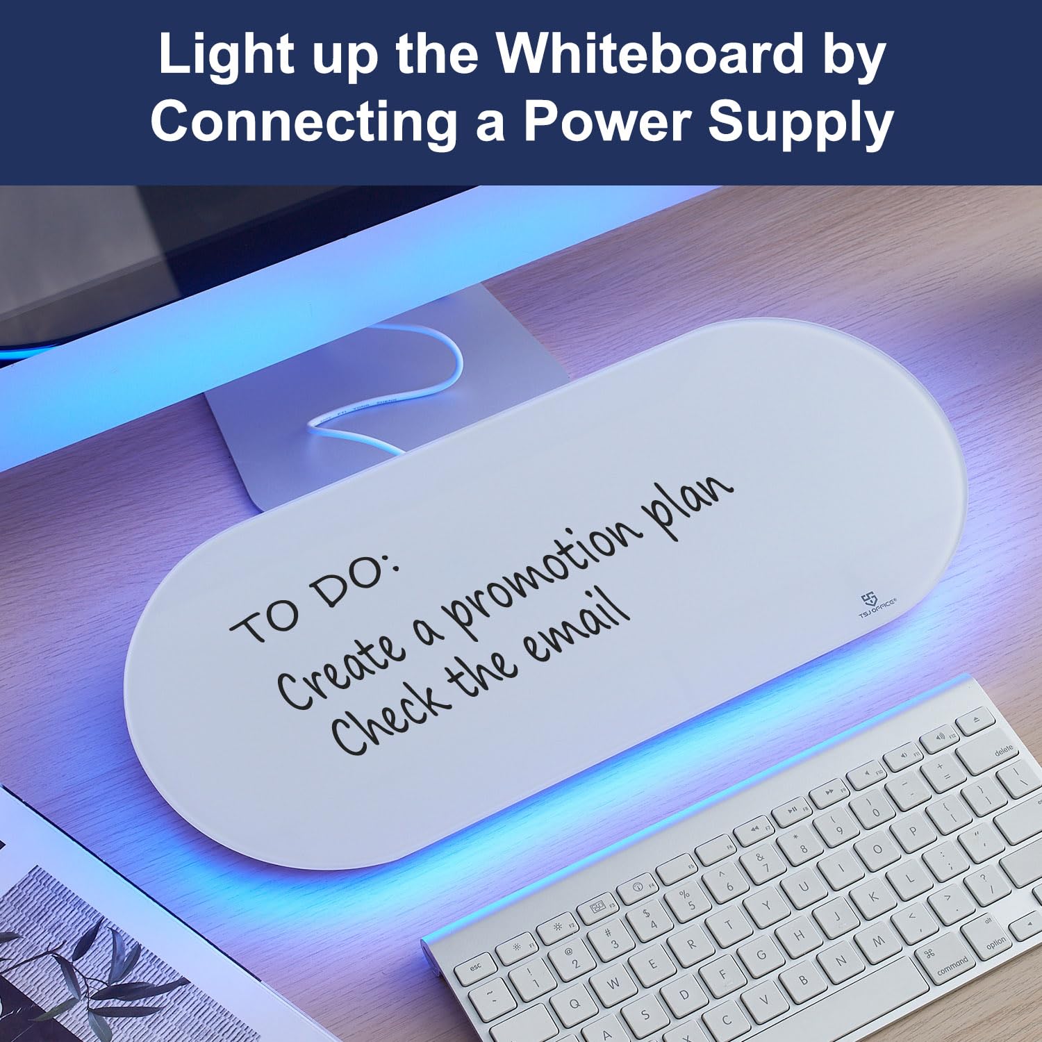 TSJ OFFICE Schreibtisch-Whiteboard aus Glas – 43.2x17.8 cm, klein, trocken abwischbare Tafel mit blauem Licht, Glas-Whiteboard-Oberfläche Notizblock mit Schublade, Zuhause, Schulbedarf