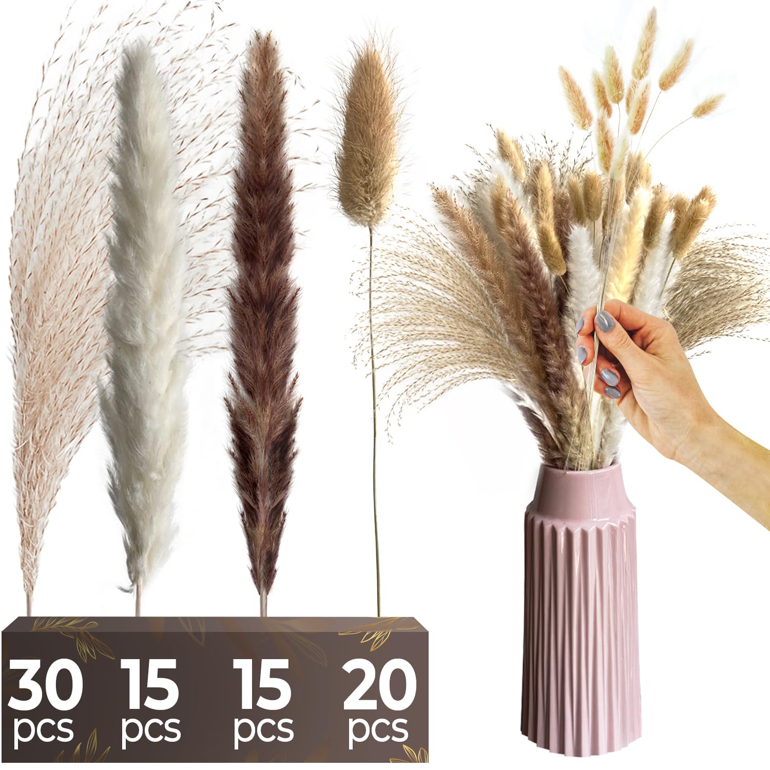 [Premium Quality] 80 PCS Pampas Grass Decor with Pleasure Aroma - Fluffy Natural Dried Pampas Grass - Bunny Tails Dried Flowers for Vase 17" Pampas Bouquet - Boho Wedding Decor
