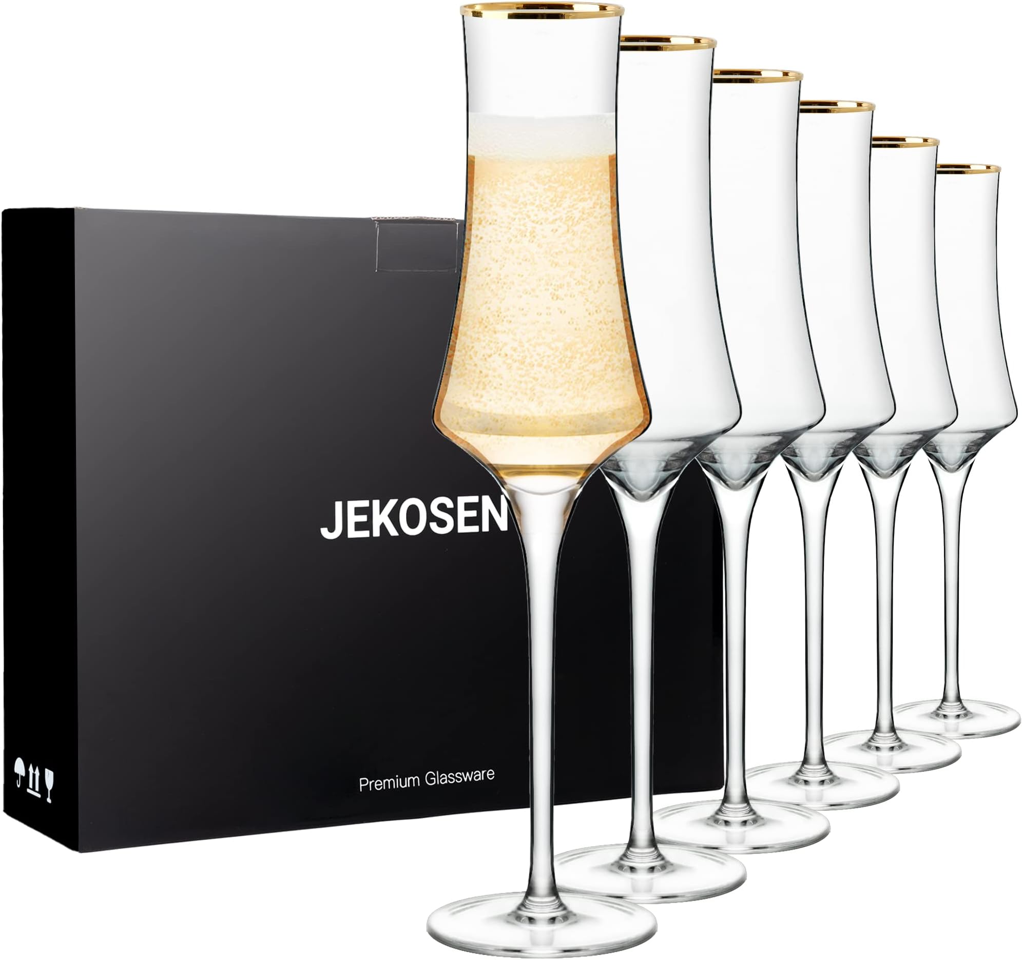 NEW Champagne Flutes Glasses 8oz Set of 6 Clear Crystal Lead-Free Stemware Champagne Glass With Gold Rim