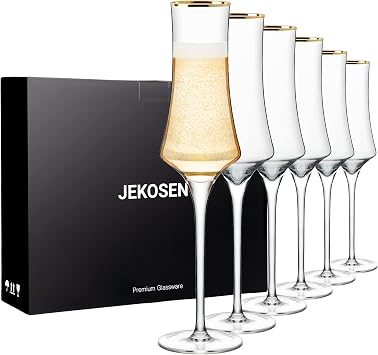 NEW Champagne Flutes Glasses 8oz Set of 6 Clear Crystal Lead-Free Stemware Champagne Glass With Gold Rim