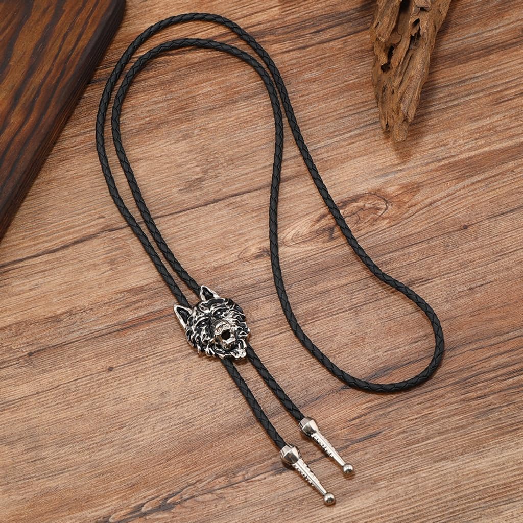 Bolo-Krawatte, Krawatte mit Wolfskopfanhänger aus Kunstleder, Seil und Metall
