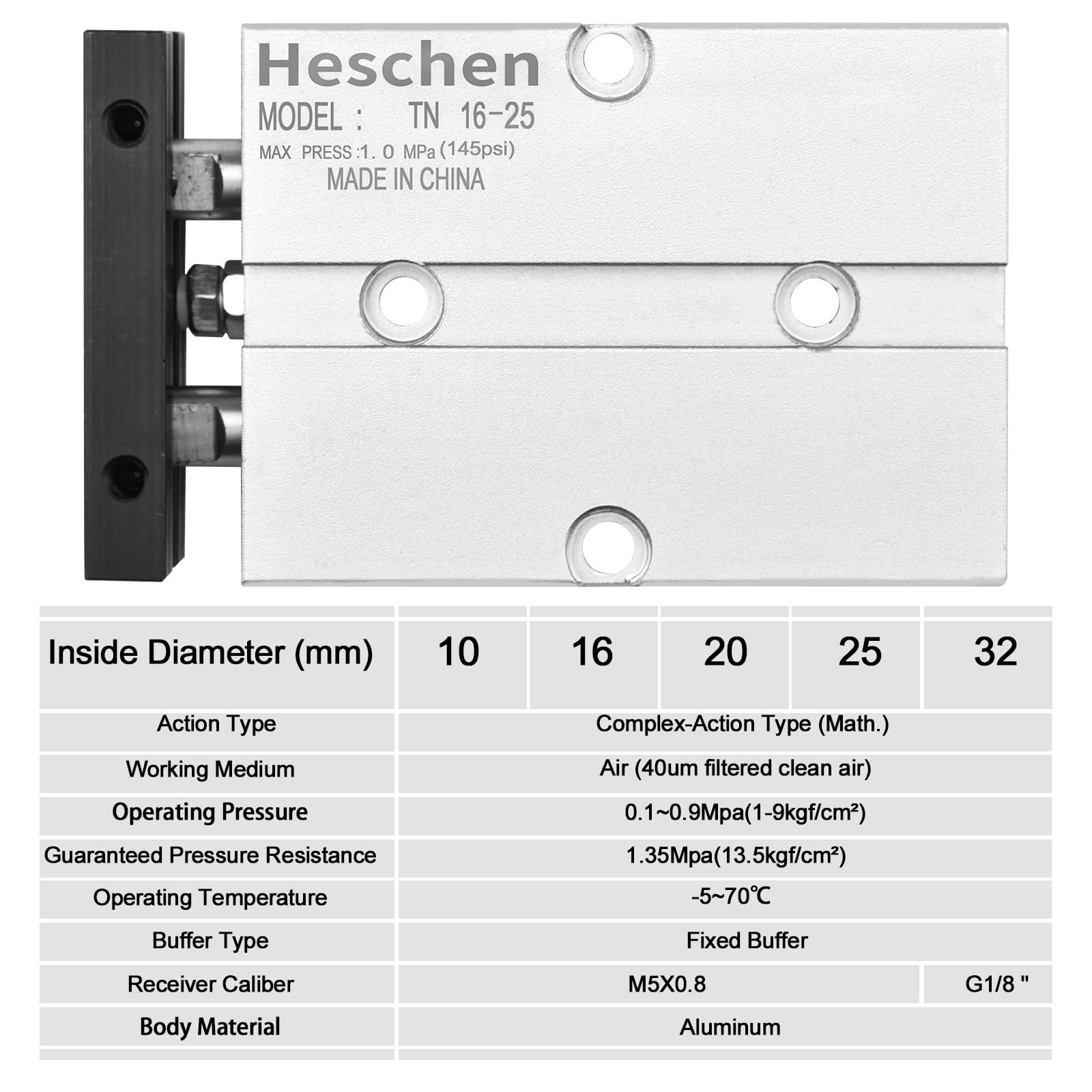 Heschen Pneumatischer Luftzylinder, TN16-25(TDA16-25), Bohrung 16 mm, doppelstabiger, doppeltwirkender Aluminium-Pneumatik-Luftzylinder, mit Magnet (Hub: 25 mm)