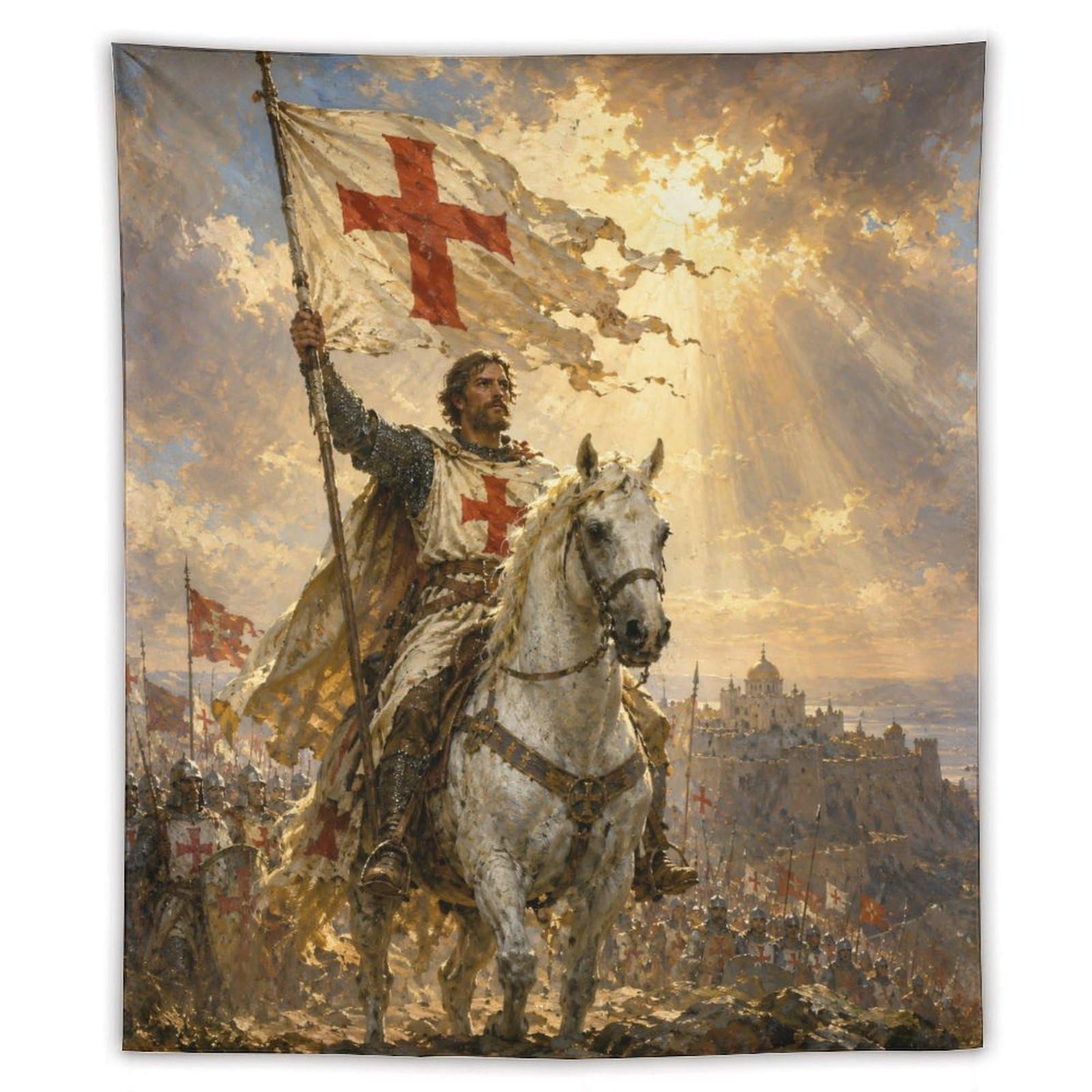 W7C8U2X3 Crusader Knight Wall Tapestry, Medieval Illustration, College Dorm