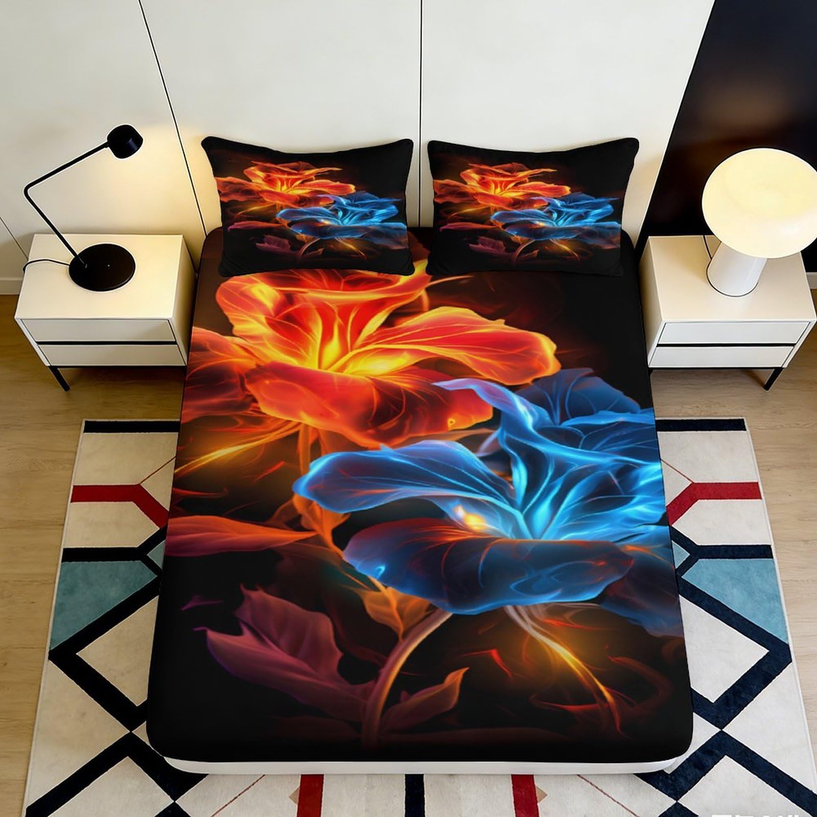3D Printed Vivid Floral Fitted Sheet Microfiber Deep Pocket Non-Slip Vivid Floral Mattress Fitted Cover Washable Bedding for Adults 140x200x25cm