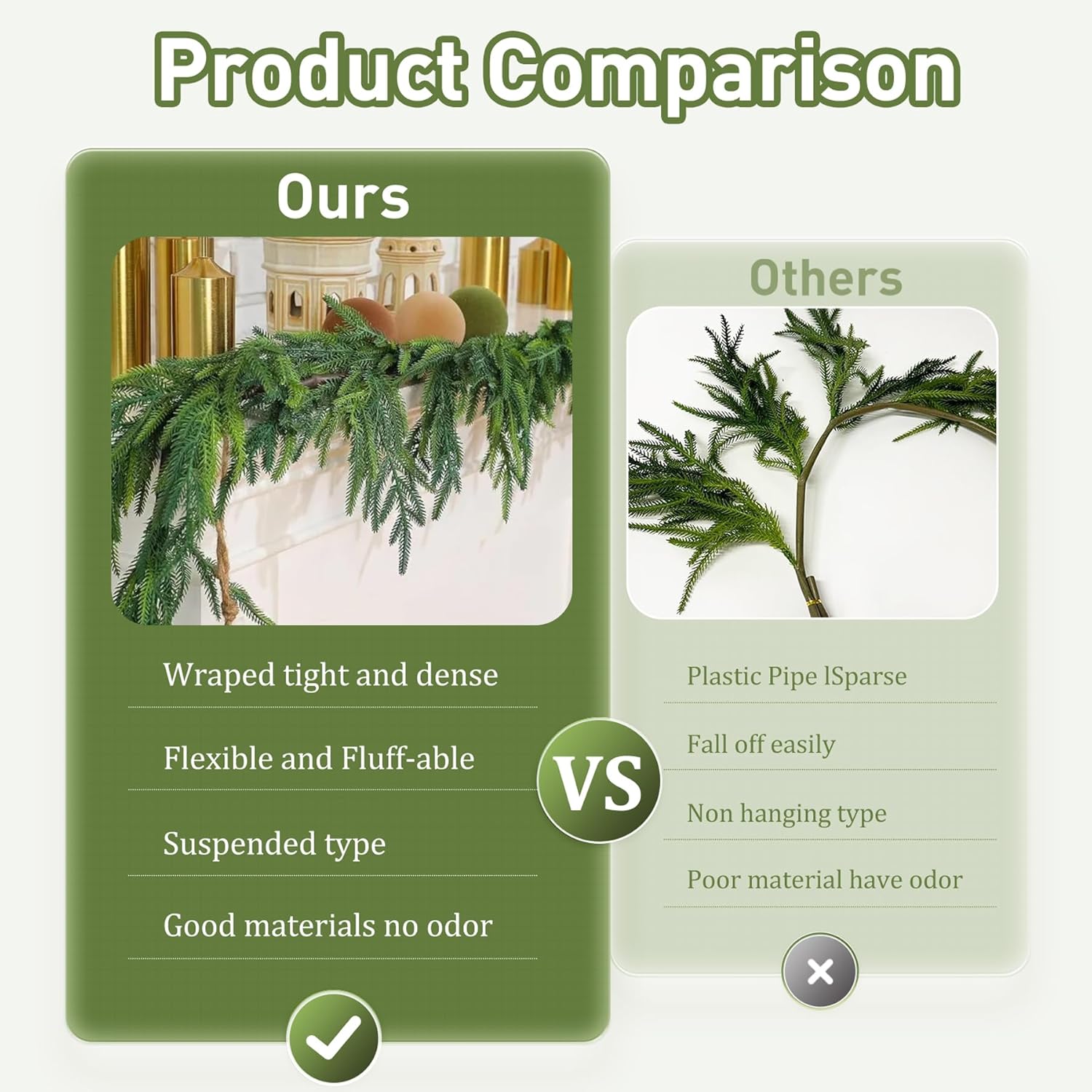 9FT Artificial Norfolk Pine Garland Includes 3 Red Bows, Real Touch Faux Greenery Garland for Home, Wedding, Party Decor - Mantle, Staircase, Indoor Outdoor - Image 7