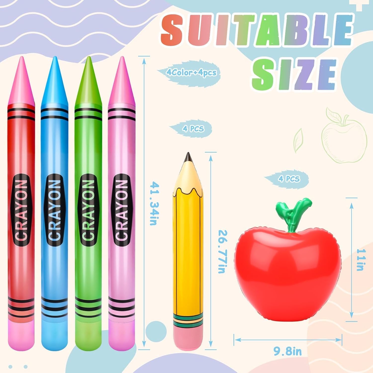 12 Pcs Large Inflatable Pencil Balloons Set Jumbo Inflatable Crayons Red Apple-Shaped Balloons Back to School Hanging Decor for Classroom Garden Room Birthday Party Decorations