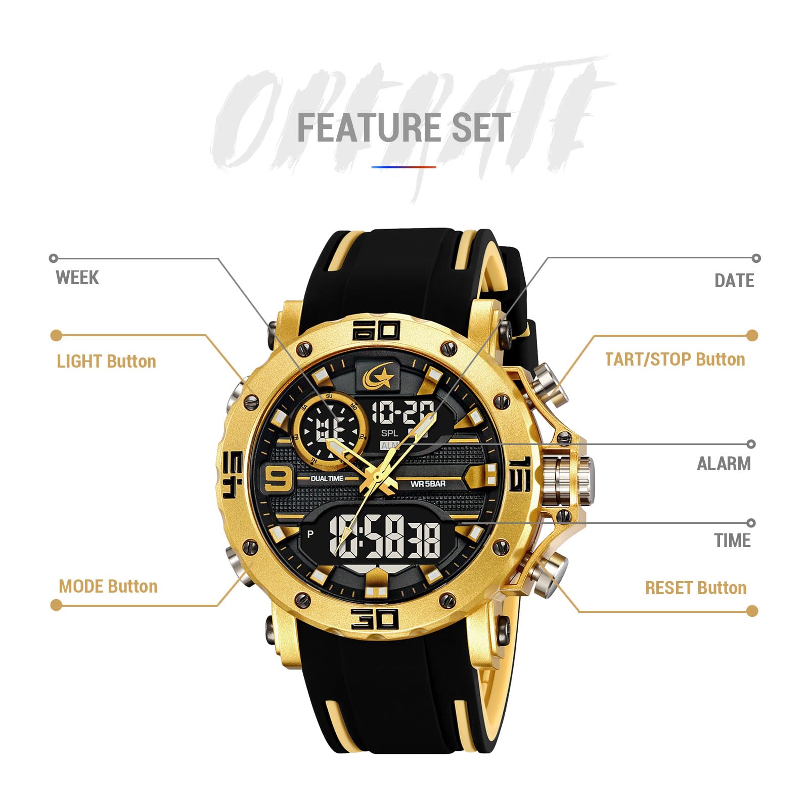 findtime Reloj de hombre militar digital analógico deportivo para exteriores, doble hora, resistente al agua, iluminación LED, esfera grande, reloj con alarma, fecha, 12/24 h, cronómetro, cronómetro