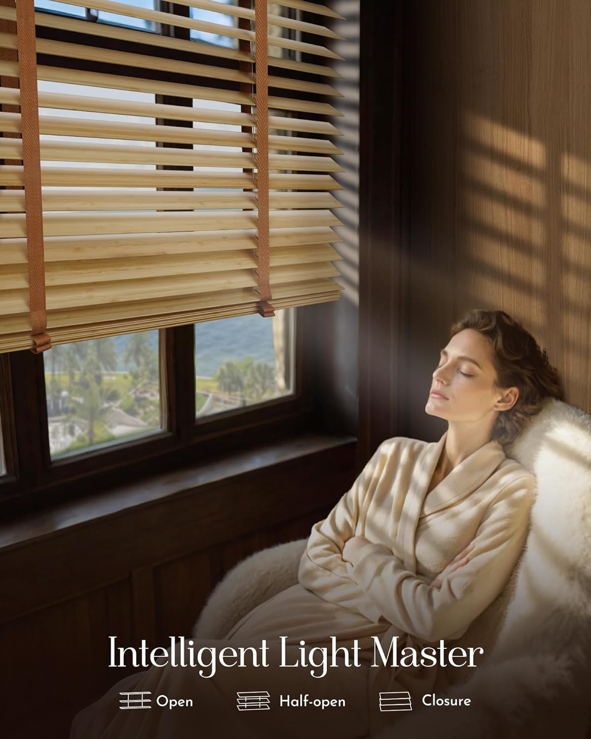 A person relaxing by a window with Graywind Smart Natural Bamboo Blinds, illustrating the intelligent light master feature.