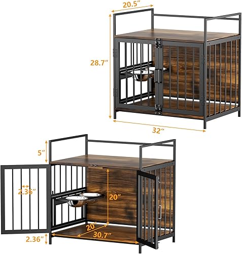 Miniatura 10 de ROOMTEC Jaula grande para perros estilo muebles de 48 pulgadas con dos cuencos de acero inoxidable de 360 y ajustables, mesa auxiliar para perros,