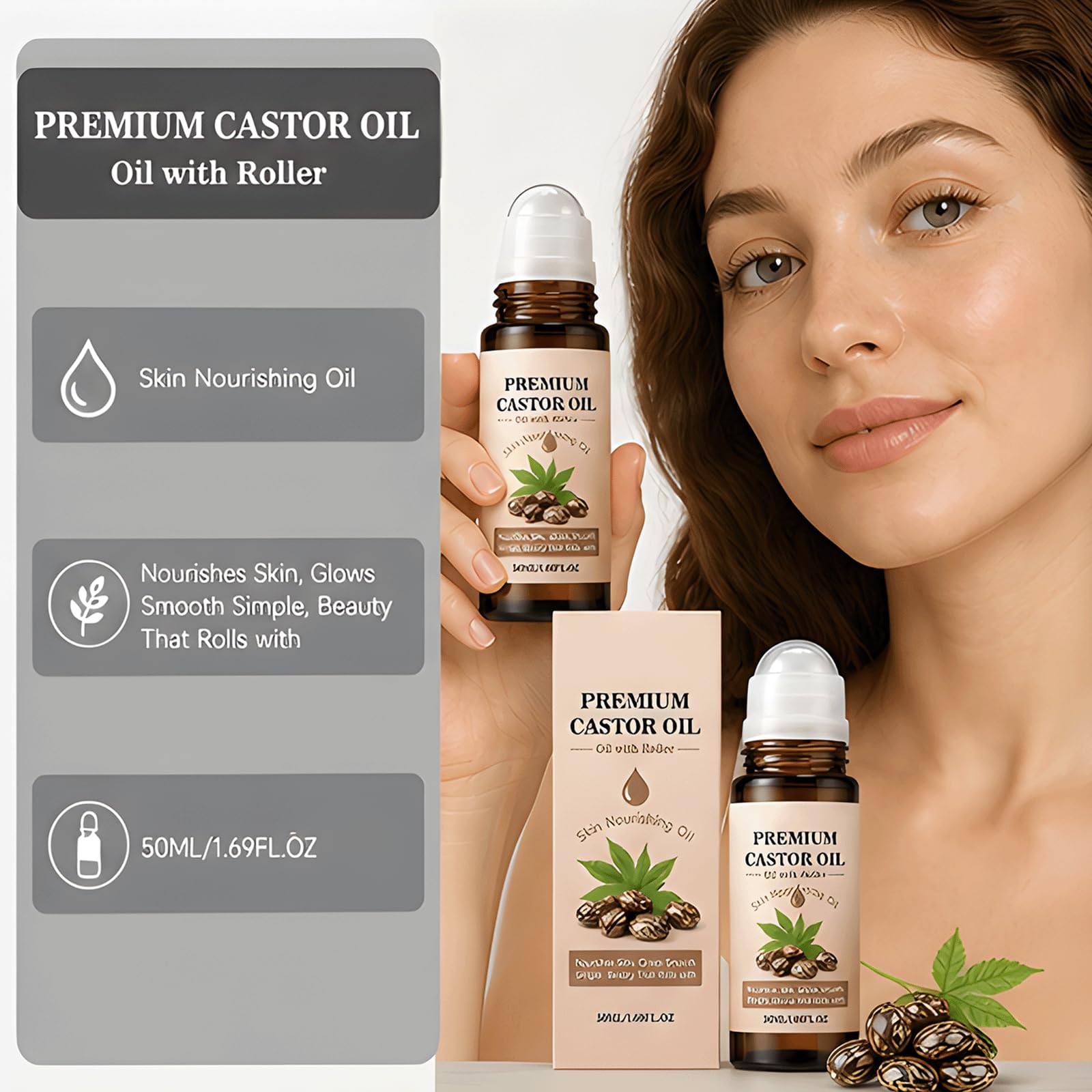 Organic Castor Firming Oil Rose Quartz Roller Ball - nawilżające serum pod oczy i skórki, tłoczony na zimno, wolny od heksanu olej rycynowy przeciwzmarszczkowy do skóry krepowanej (6szt)