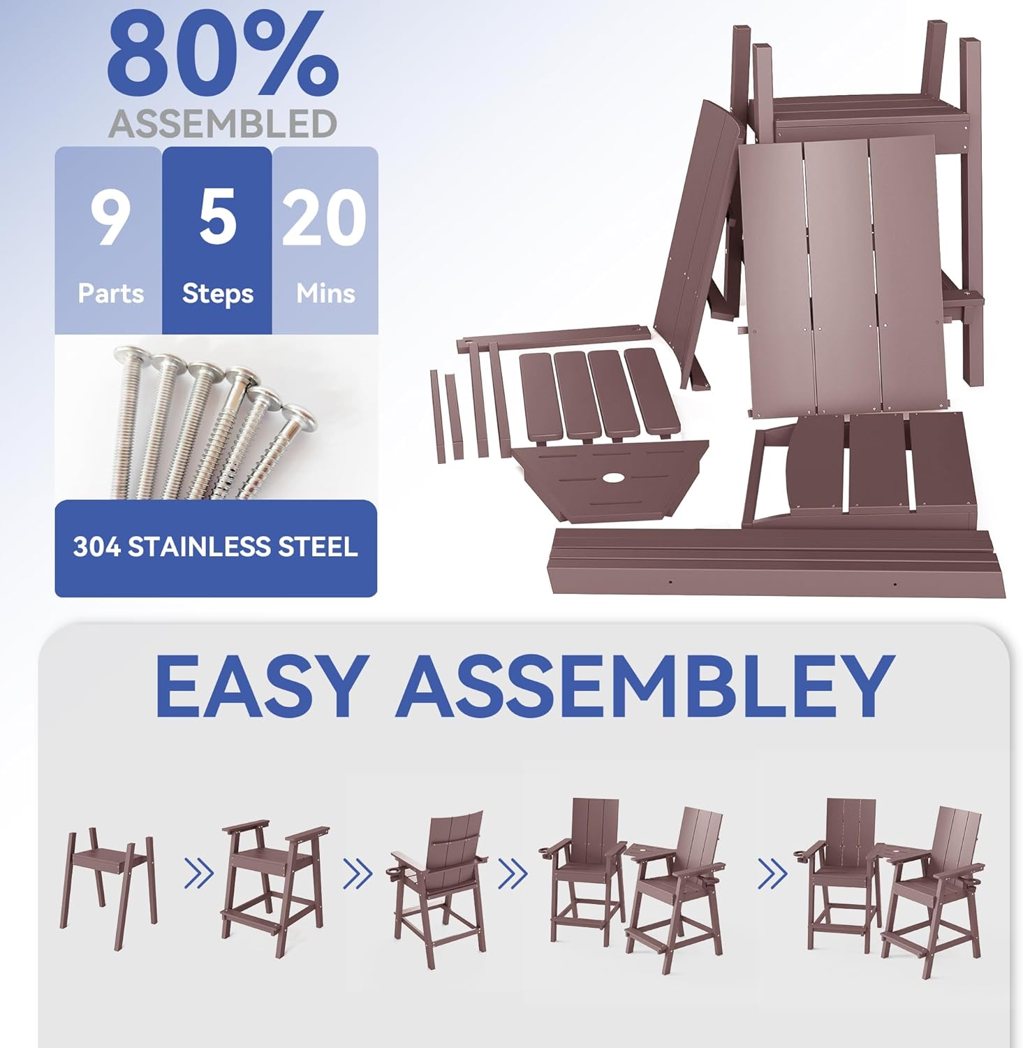 FOOWIN Tall Adirondack Chairs Set of 2,HDPE Adirondack Bar Stools with Connecting Tray & Cup Holders,Weather Resistant Balcony Chair for Outdoor Deck Lawn Pool Backyard Coffee