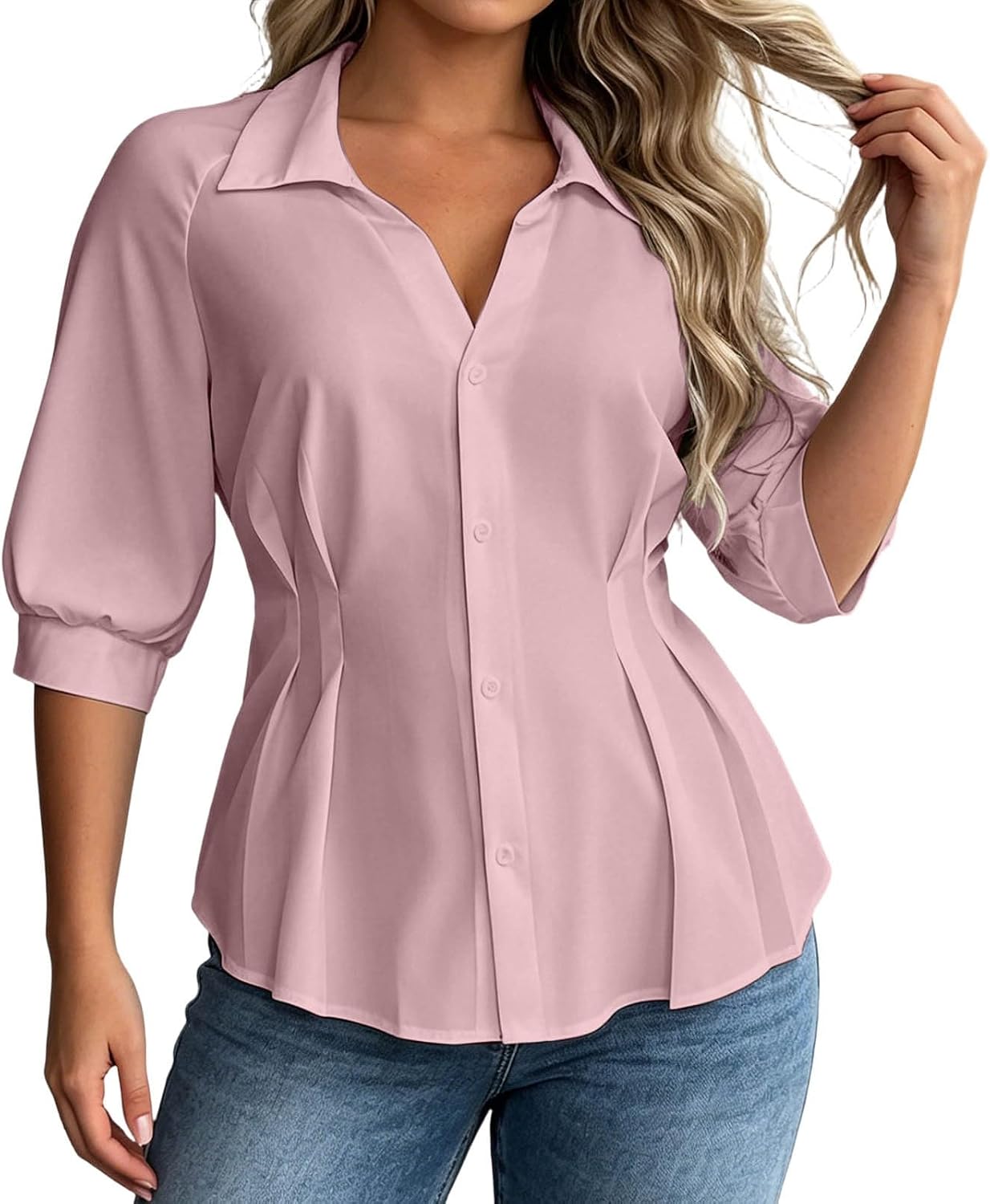 Women's Plus Size Control Peplum Blouse, Casual Fitted Collared, Short Puff Sleeve Button Down Shirt Fitted