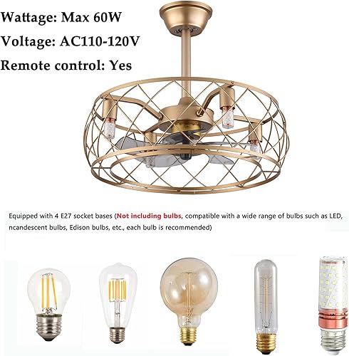 Miniatura 5 de VPABES Ventiladores de techo dorados de 20 pulgadas con control remoto ventiladores de techo de metal con jaula de granja con luces 5 cuchillas