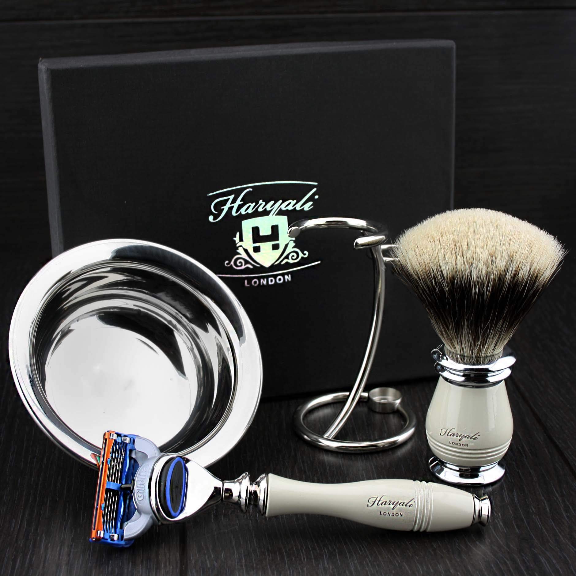 Haryali London Set da barba da uomo con rasoio a 5 angoli, pennello per peli di tasso con punta argentata, supporto per rasoio e ciotola da rasatura Perfect Shaving Kit