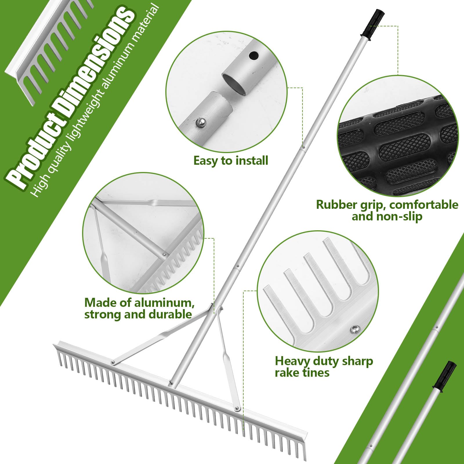 Aluminiowe grabie do pielęgnacji trawników, 24 cale, do ogrodów, boisk baseballowych, z regulowanym uchwytem 66''-98'', do pielęgnacji trawników, jezior, spulchniania gleby i pielęgnacji chwastów