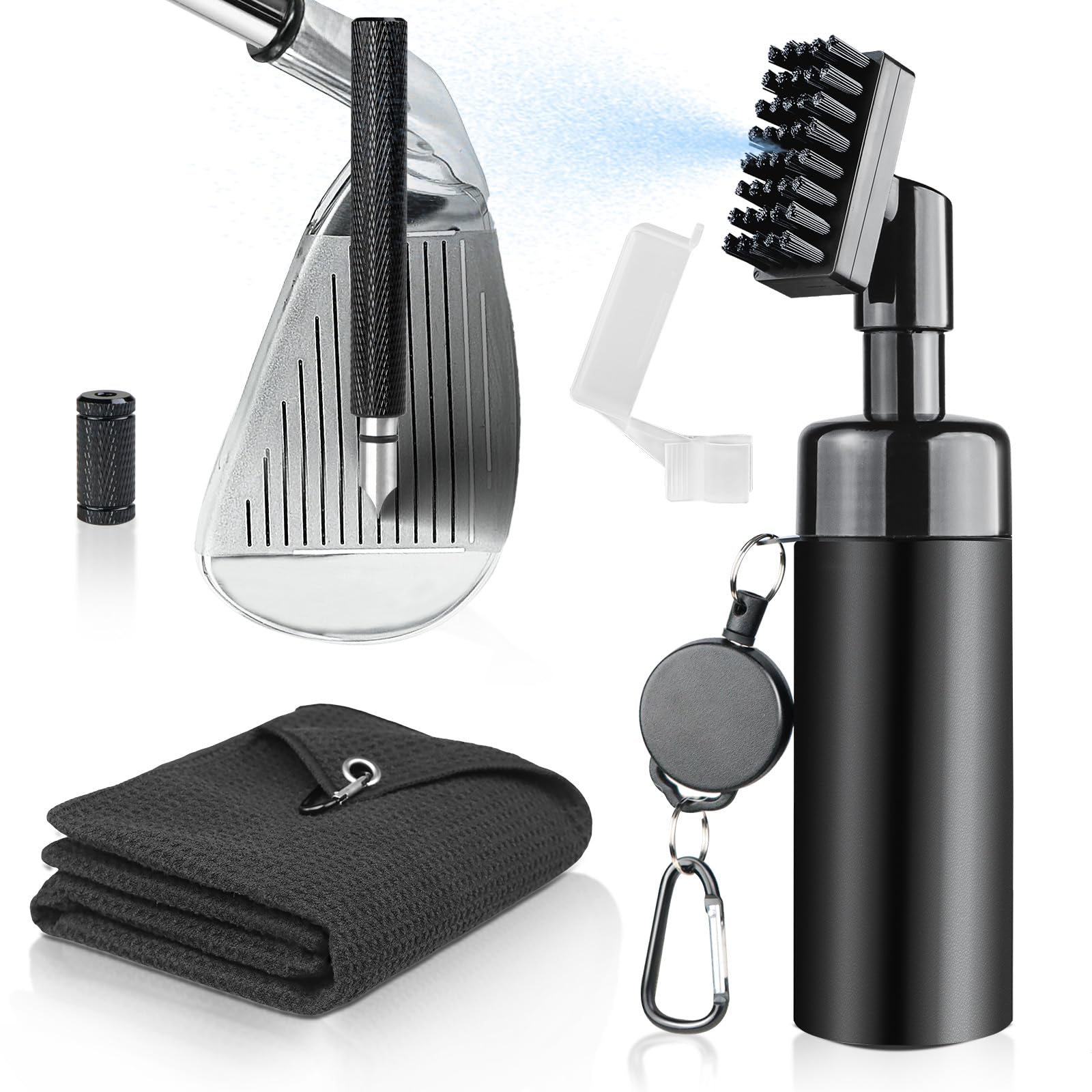 Kit de limpieza para palos de golf con afilador de ranura, toalla, cepillo de agua con botella spray y clip retráctil