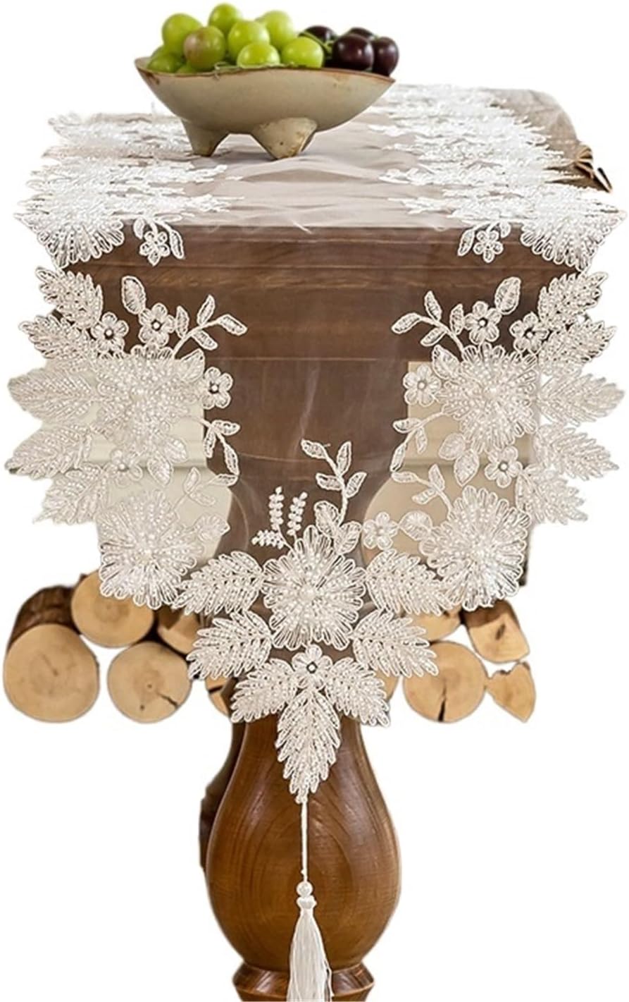 Table Runner for Home Decor Tassels Lace Table Runner with Exquisite Vintage Shabby Chic and Pearl for Holiday Wedding Long Dinner Tables(White,40x120cm)