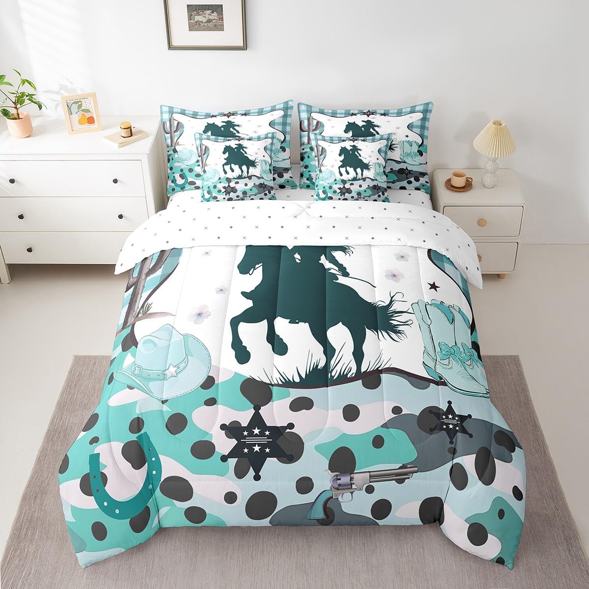 Western Girls 7 Piece Comforter Set Full Bed in a Bag Cowboy Hat Bedding Sets,Cowboy Boots Sheet Set with Comforter Teal Camo Lattice Bed Set,Farm Animals Bull Western Room Decor for Bedroom