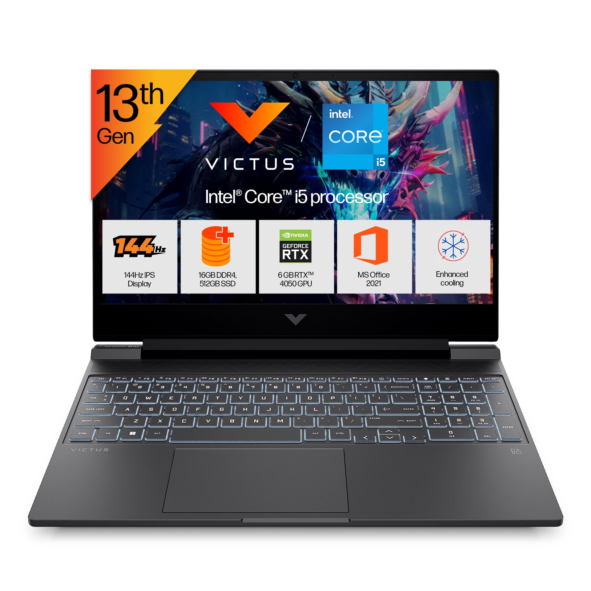 HP Victus, 13th Gen Intel Core i5-13420H, 6GB RTX 4050 (16GB DDR4, 512GB SSD) FHD, 144Hz, IPS, 15.6"/39.6cm, Win11, Office21, Mica Silver,2.3kg, fa1319TX/2701tx, Backlit,Enhanced Cooling Gaming Laptop