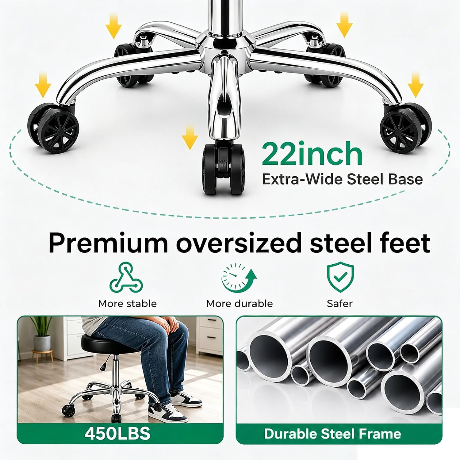 Heavy Duty Rolling Stool with Wheels, 450 lb Capacity | Height Adjustable 360°Swivel Stool with Comfort Foam Seat and 22″Reinforced Base for Salon, Spa, Tattoo, office & Medical