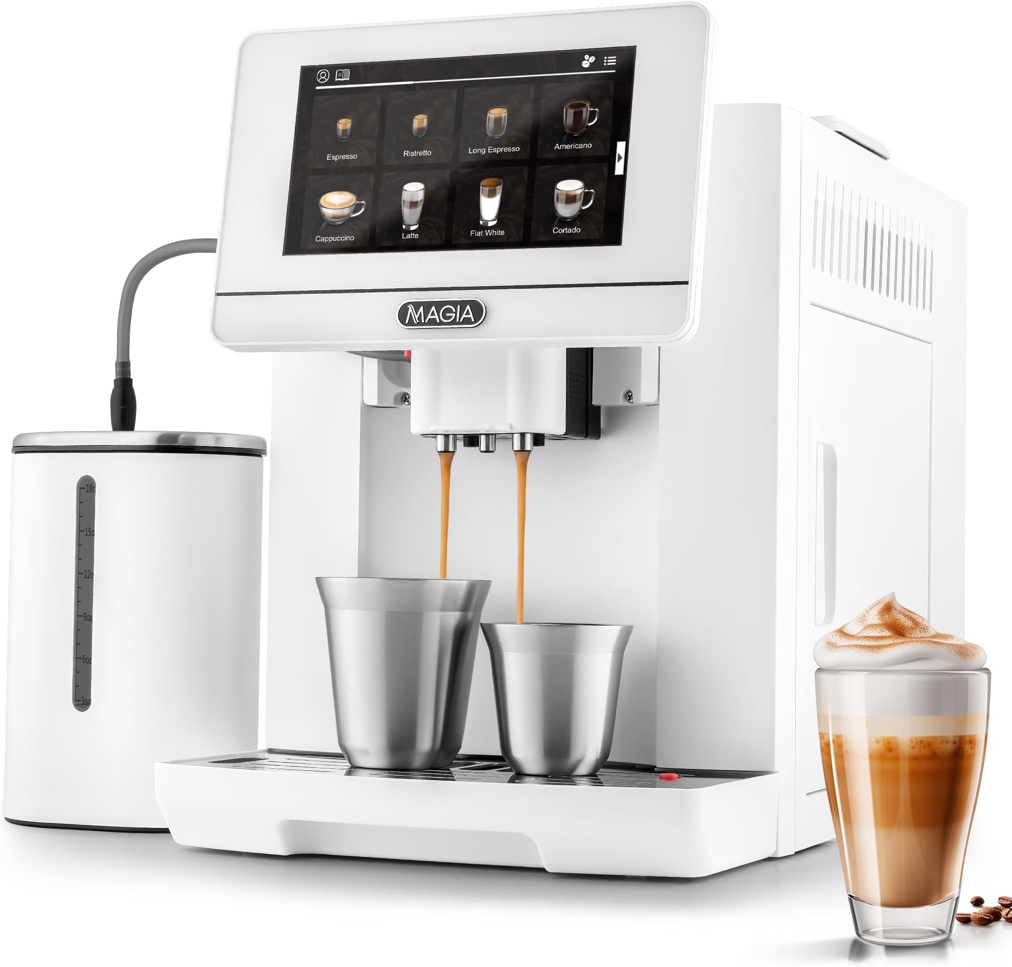 Zulay Magia Fully Automatic Espresso Machine With Grinder - 19 Customizable Coffee Options - Includes Insulated Milk Container & Deluxe Espresso Cups - Auto-Cleaning For Easy Maintenance - OG White