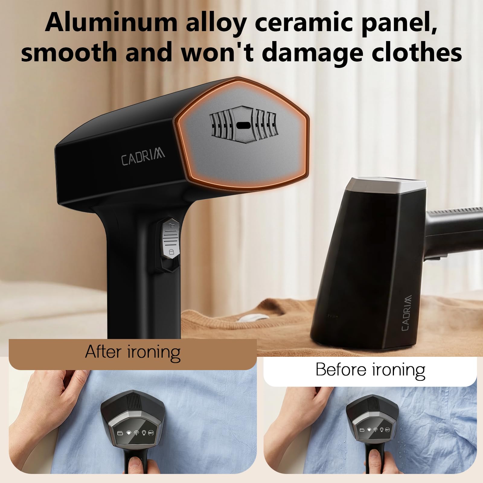 Cadrim Steamer - Piastra a vapore, 1800 W, potente 2 in 1, ferro da stiro a vapore portatile da 350 ml, potenza vapore 45 g/min, 3 livelli di vapore, vaporizzatore da viaggio per casa, ufficio (nero)