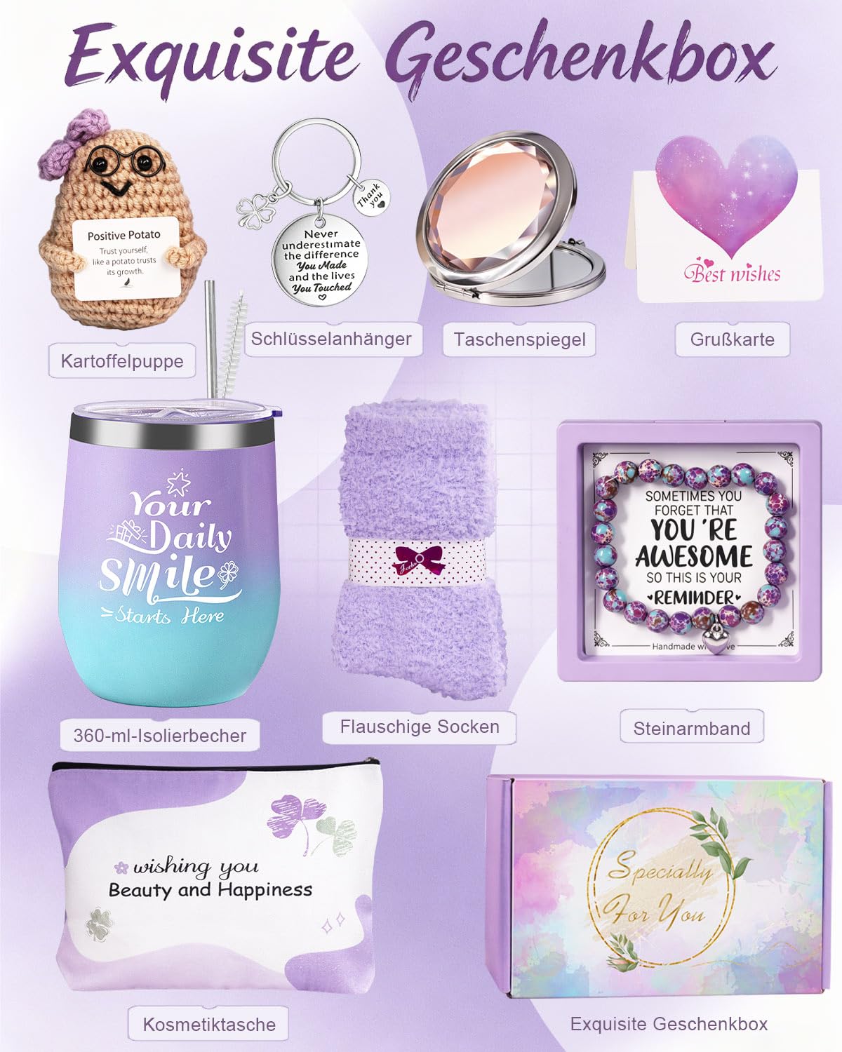 Geburtstagsgeschenke für Frauen, Geschenkbox mit Kosmetiktasche, Schlüsselanhänger, Armband & Spiegel, Geschenkset für Frauen, Ehefrau, Mutter, Schwester, Tochter, Beste Freundin