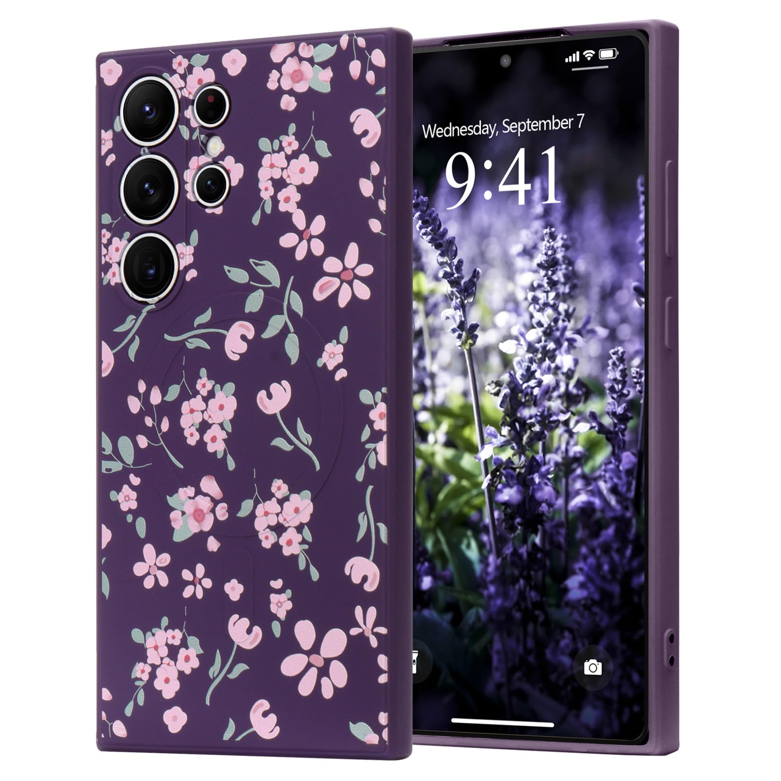 Floral Elegant Design Phone Case for Samsung Galaxy S24 Ultra, Compatible with MagSafe Shockproof Protective Cover for Women Girls Slim Fashion Flower