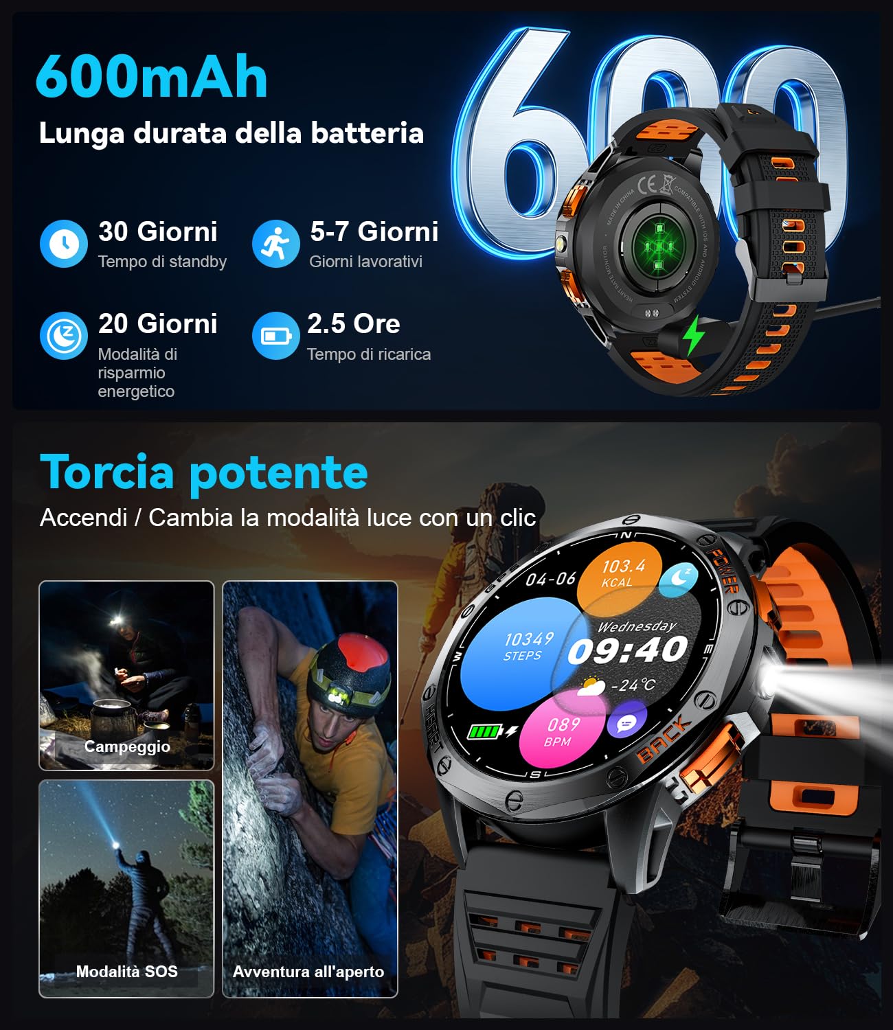 LIGE Smartwatch Uomo GPS, Barometro/Altimetro/Bussola, AMOLED 1,43" Smart Watch Militare con Torcia LED, Chiamate Bluetooth, 170+ Modalità Sport, 5ATM, Monitoraggio Salute per Android iOS,DM1-H