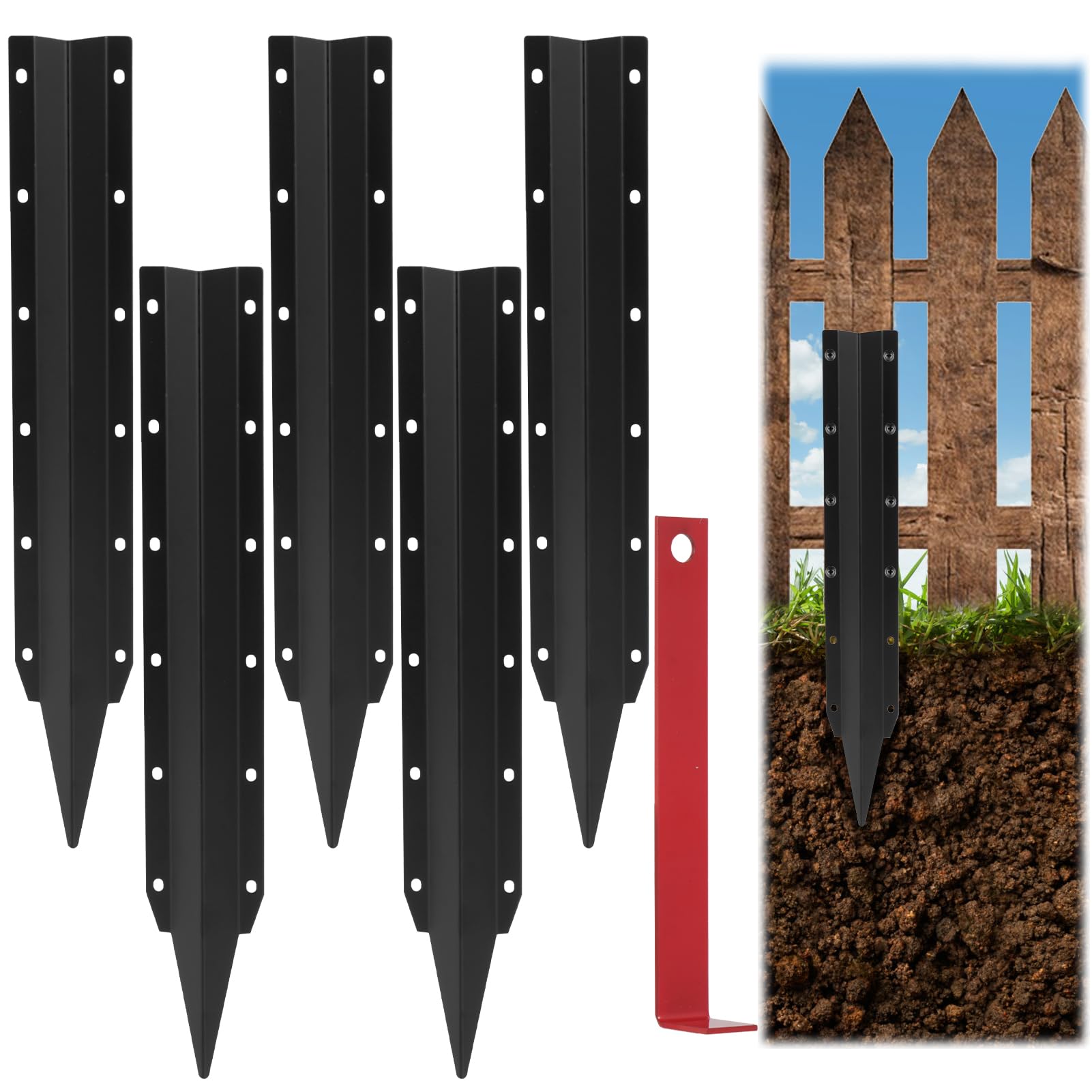 5 Pcs Fence Post Repair Stakes Robust Steel Support Kit with Easy Installation Accessories Fence Post Repair Kit for Fix Broken Wooden Support