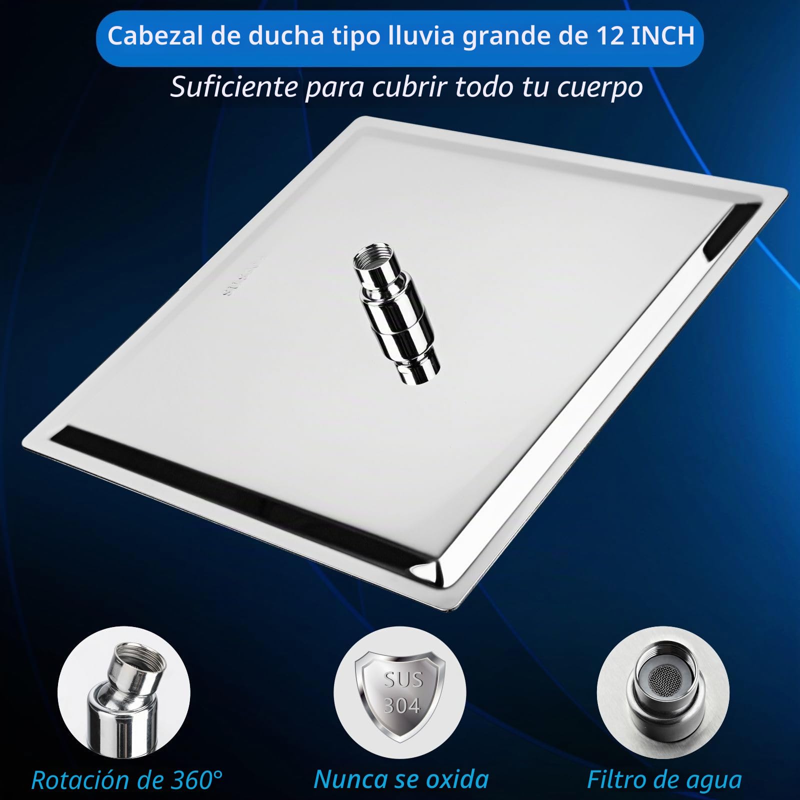 Cabezal de Ducha Tipo Lluvia Voolan con Brazo de Extensión, Cabezales de Ducha Tipo Lluvia de Acero Inoxidable, Cabezal de Ducha Cuadrado de Alto Flujo (Ducha 30cm, Brazo 38cm)