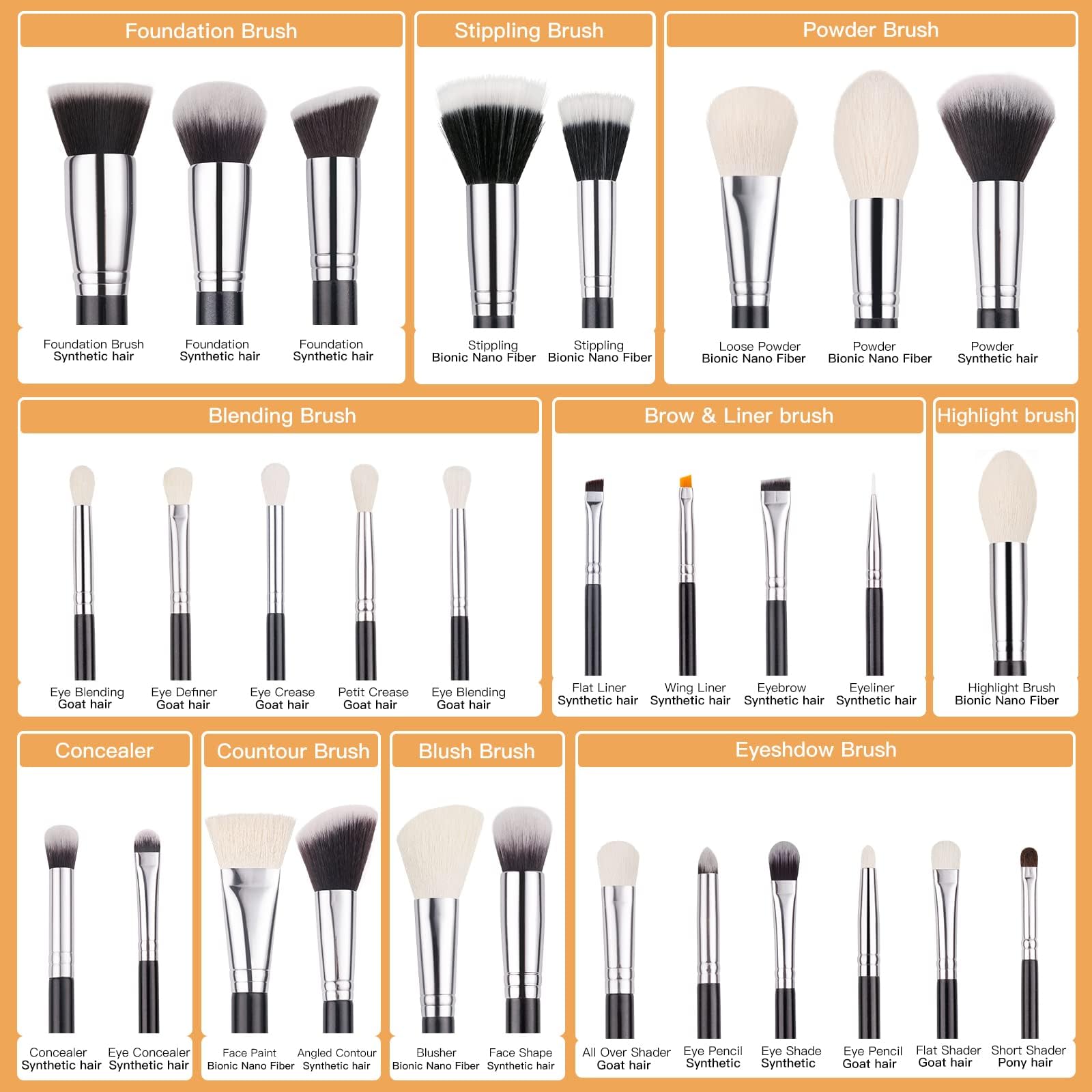 KIRA Juego de 30 brochas de maquillaje profesional originales naturales sintéticas, base Kabuki, polvo facial, resaltador, contorno, sombra de ojos, cejas, delineador de ojos, kit de herramientas de