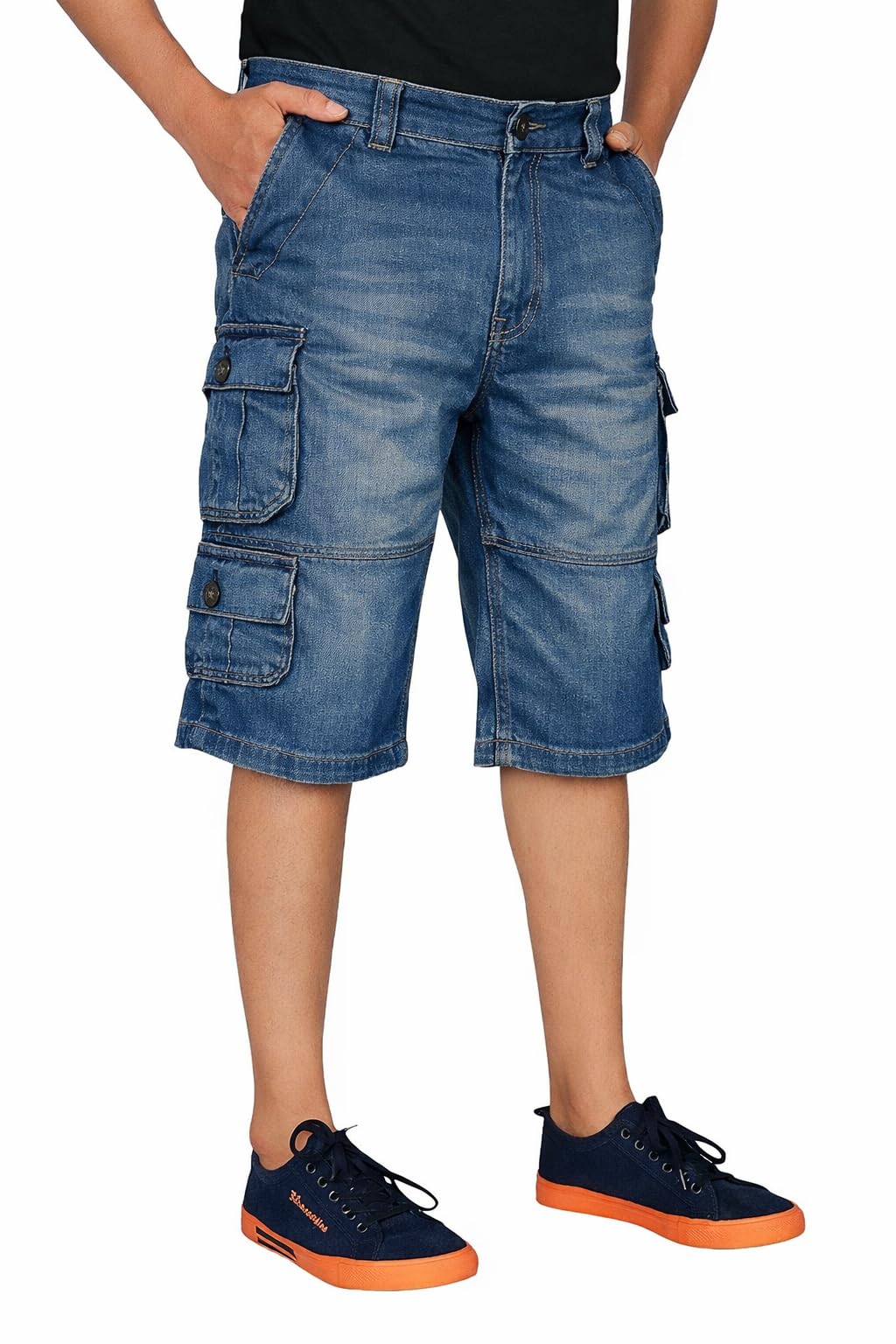 9 Pocket Denim Men’s Cargo Shorts | Regular Fit Cotton Casual Knee-Length Shorts with Multi Utility Pockets | Dark-Wash | Regular Fit | Button Closure for Everyday Wear