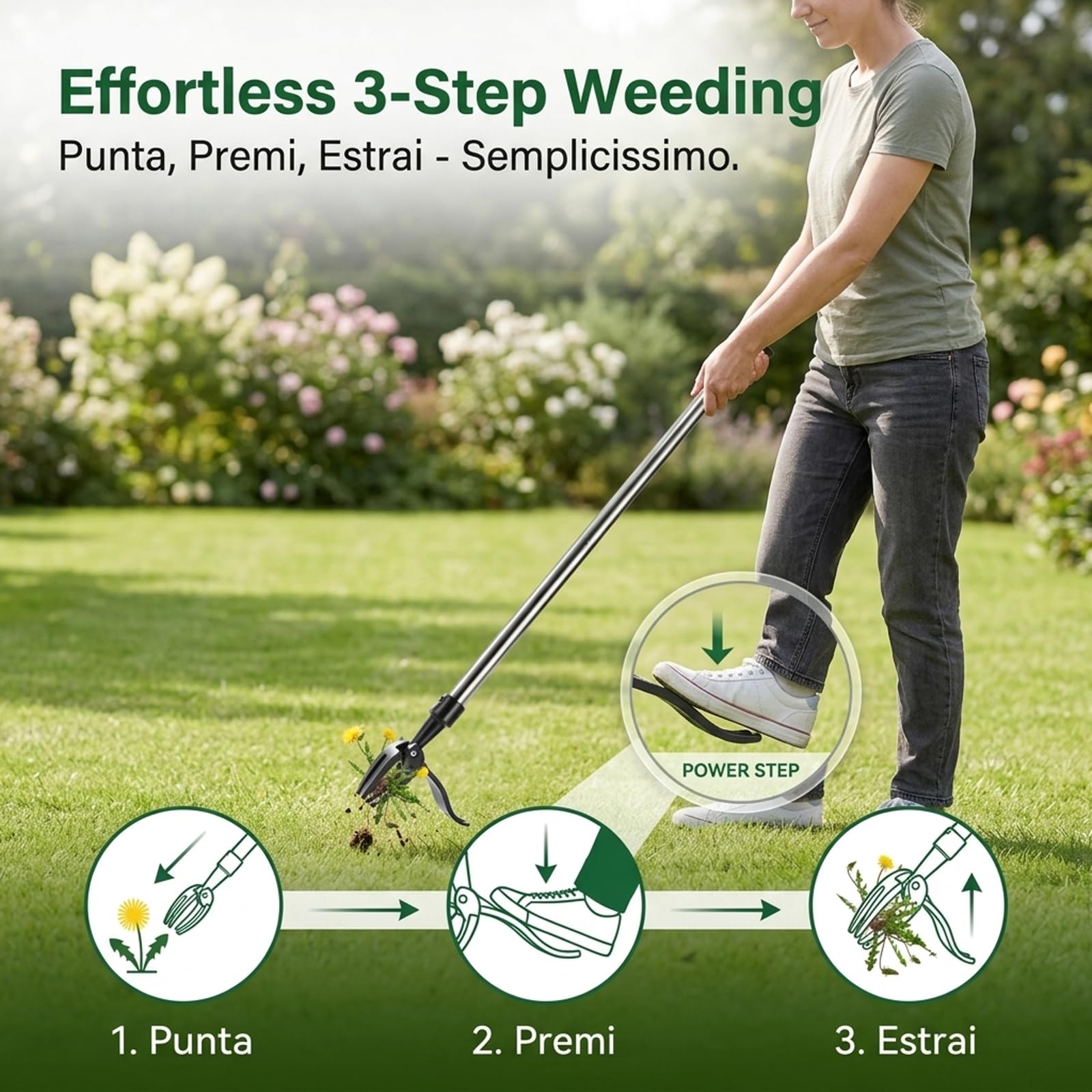Manico Lungo Estirpatore Erbacce, Estirpatore Erbacce Manuale, Sarchiatore per Erbacce, Rastrello Giardino, Testa a 4 Artigli, Non è Necessario Chinarsi, per Giardino, Prato e Aiuole