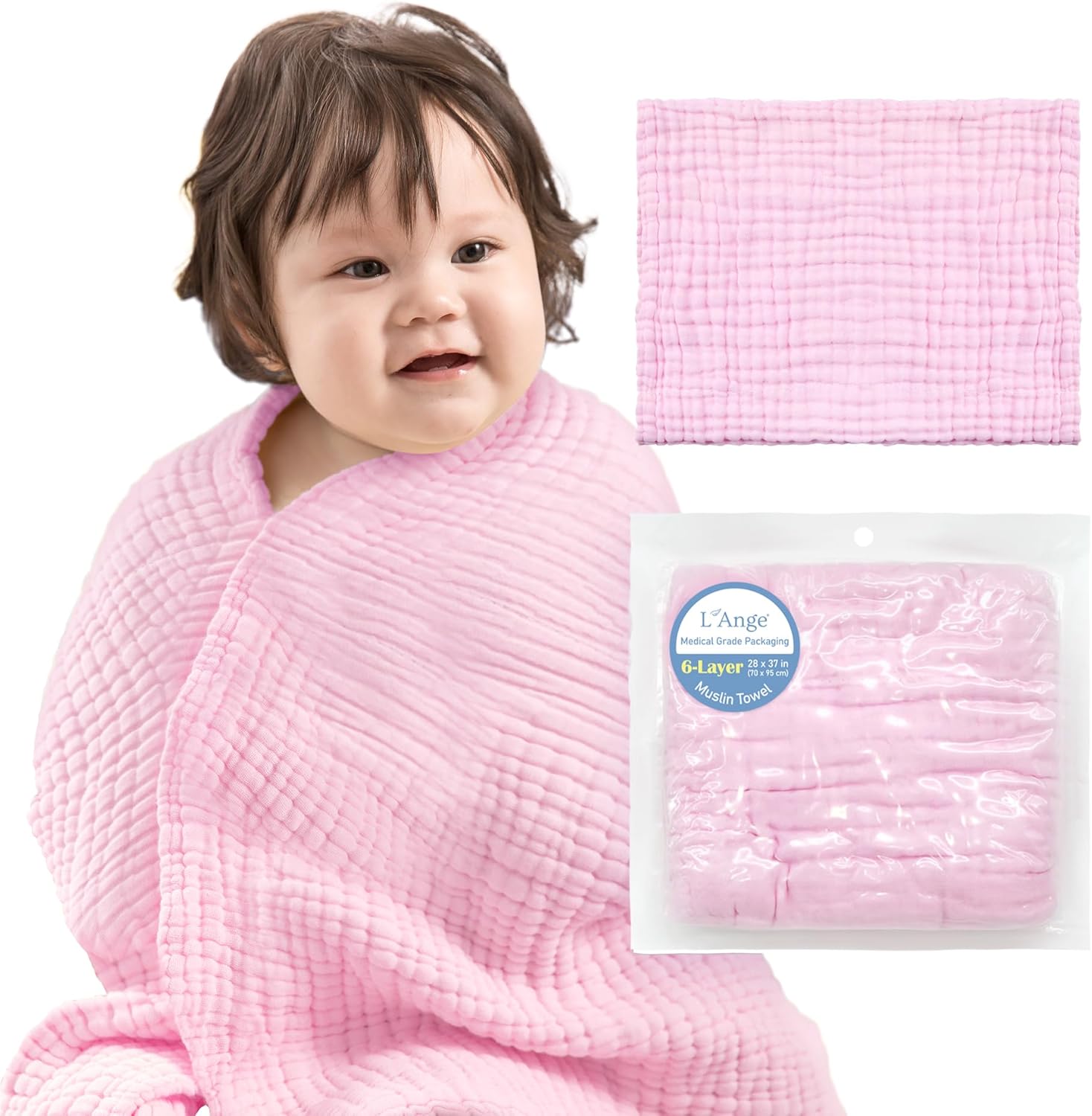 L'Ange Baby Towel - 100% Cotton Muslin, 6 Layers, Quick Dry, Medical Grade Packaging for Infants and Newborns - 28 x 37in - Pink