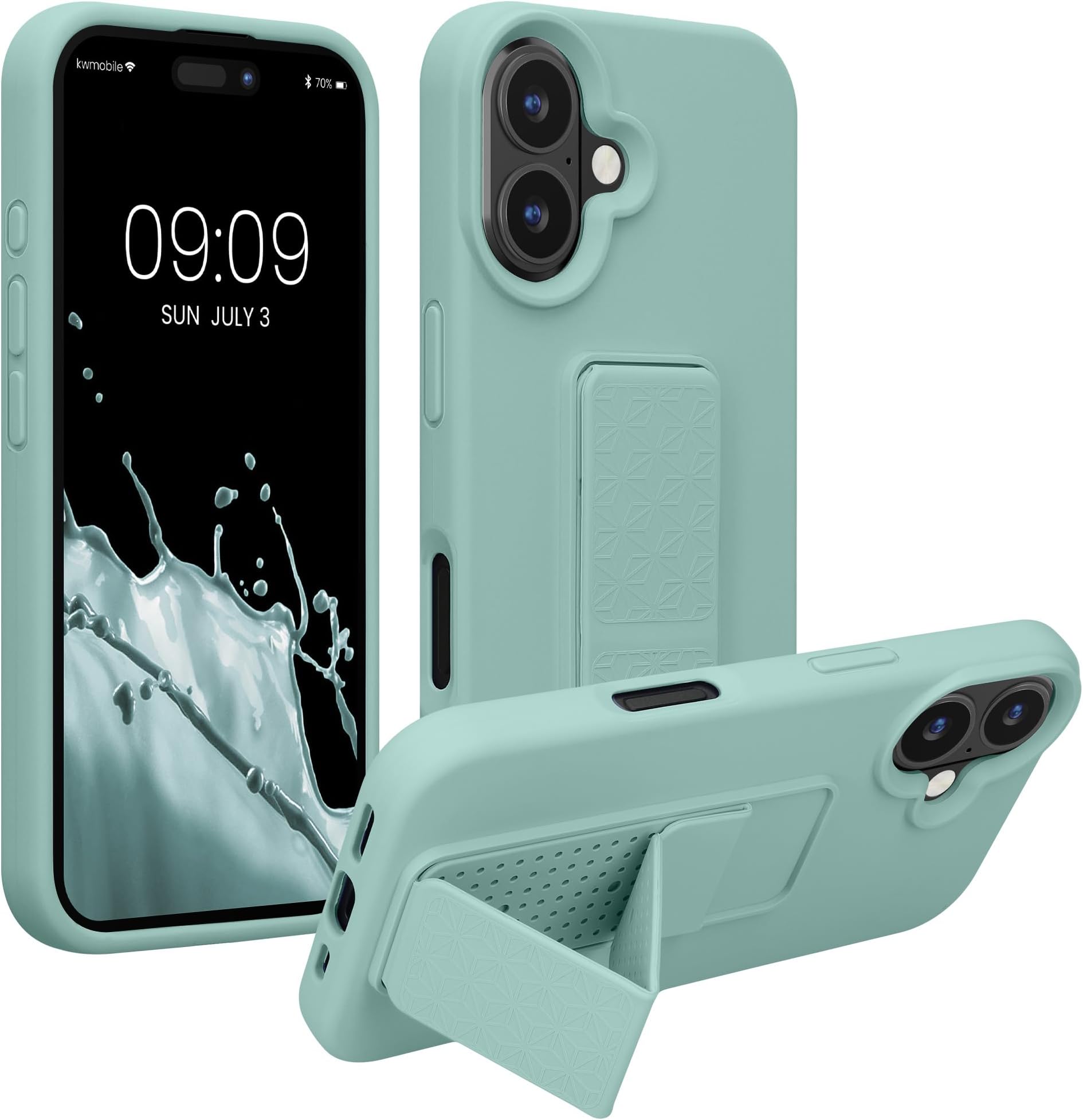 kwmobile Case Compatible with Apple iPhone 16 - Case with Hand Strap and Stand Soft TPU Silicone Coating - Mint