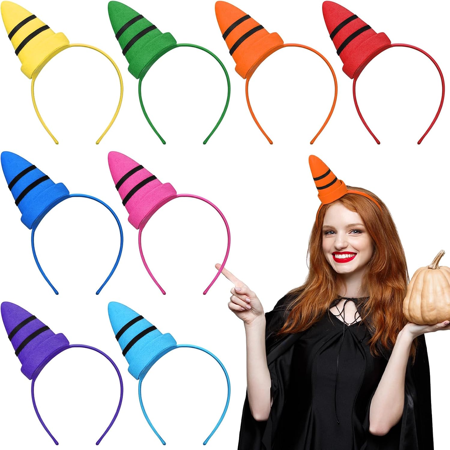 Crowye 8 Pcs Halloween Colorful Crayon Costume Headband Filled with Plush Cotton Group Halloween Costume Felt Cone Crayon Hat Hairband Dwarf Cap Headband for Cosplay Party Supplies Accessory