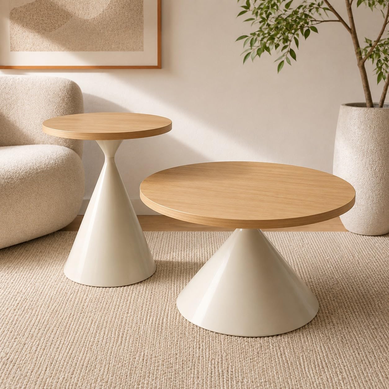 Couchtisch Set 2 Stück – Rund, Skandinavisches Design – Helles Holz & Weiß – Beistelltisch oder Sofatisch – Modell ÁUREA