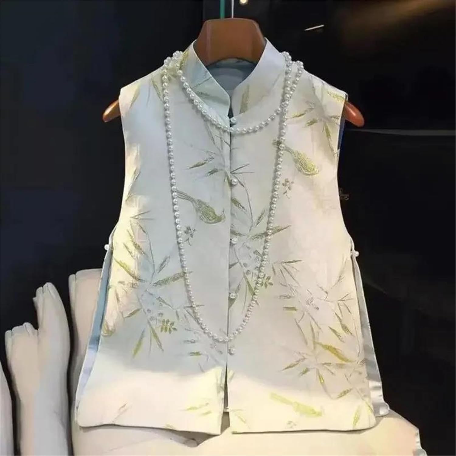 Women's Embroidered Mandarin Collar Satin Vest - Breathable Sleeveless Waistcoat with Bead Buttons & Side Splits