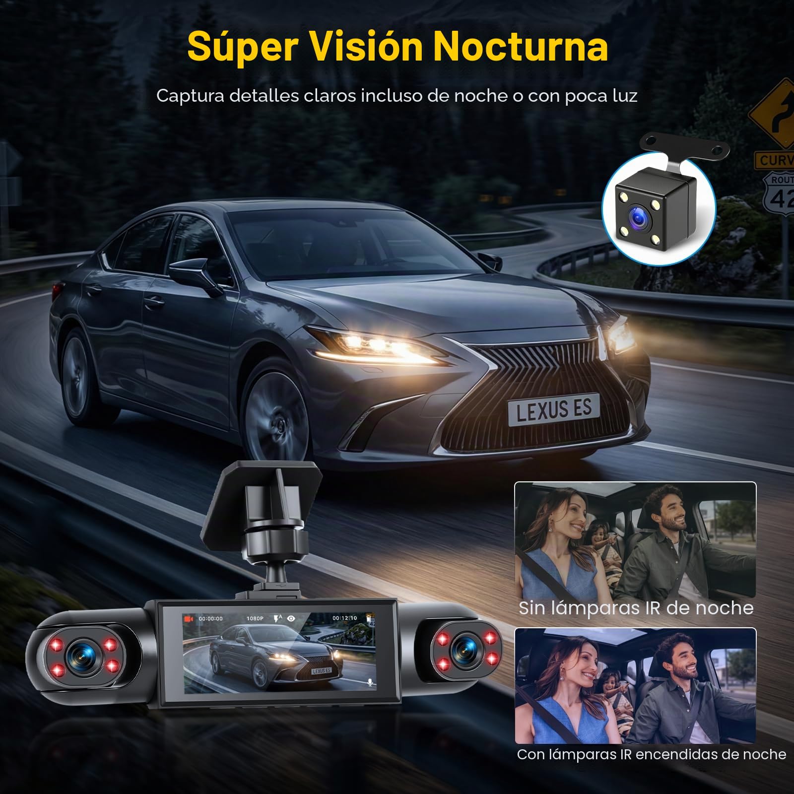 Hikity Dashcam 4 Cámaras, Pantalla IPS 3,16", 1080P | Visión Nocturna, Grabación en Bucle, Gran Angular 150°/120°, Tarjeta TF Máx. 64 GB